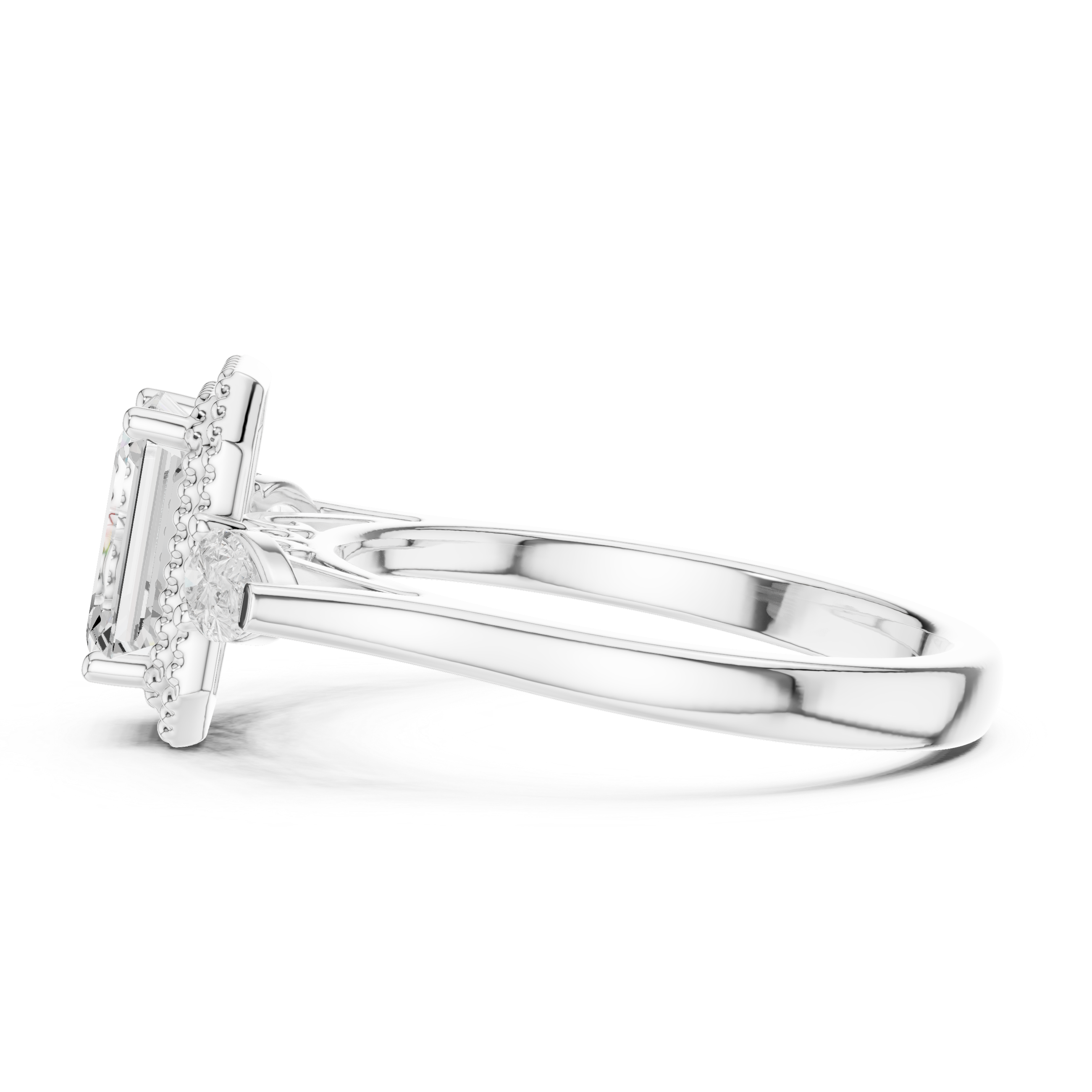 Emerald-Cut Three-Stone Engagement Ring with Pear Side Stones and Double Beaded Frame