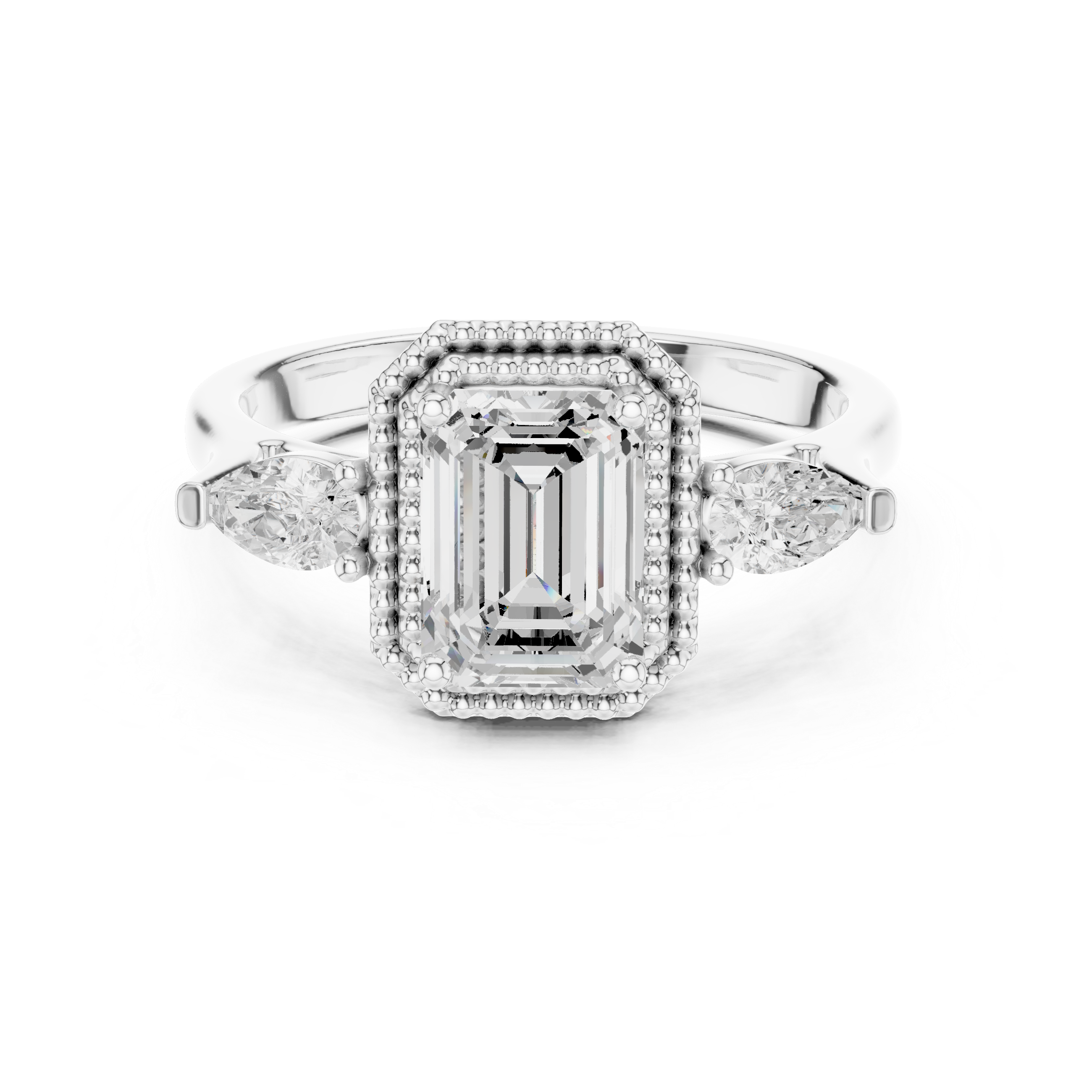 Emerald-Cut Three-Stone Engagement Ring with Pear Side Stones and Double Beaded Frame