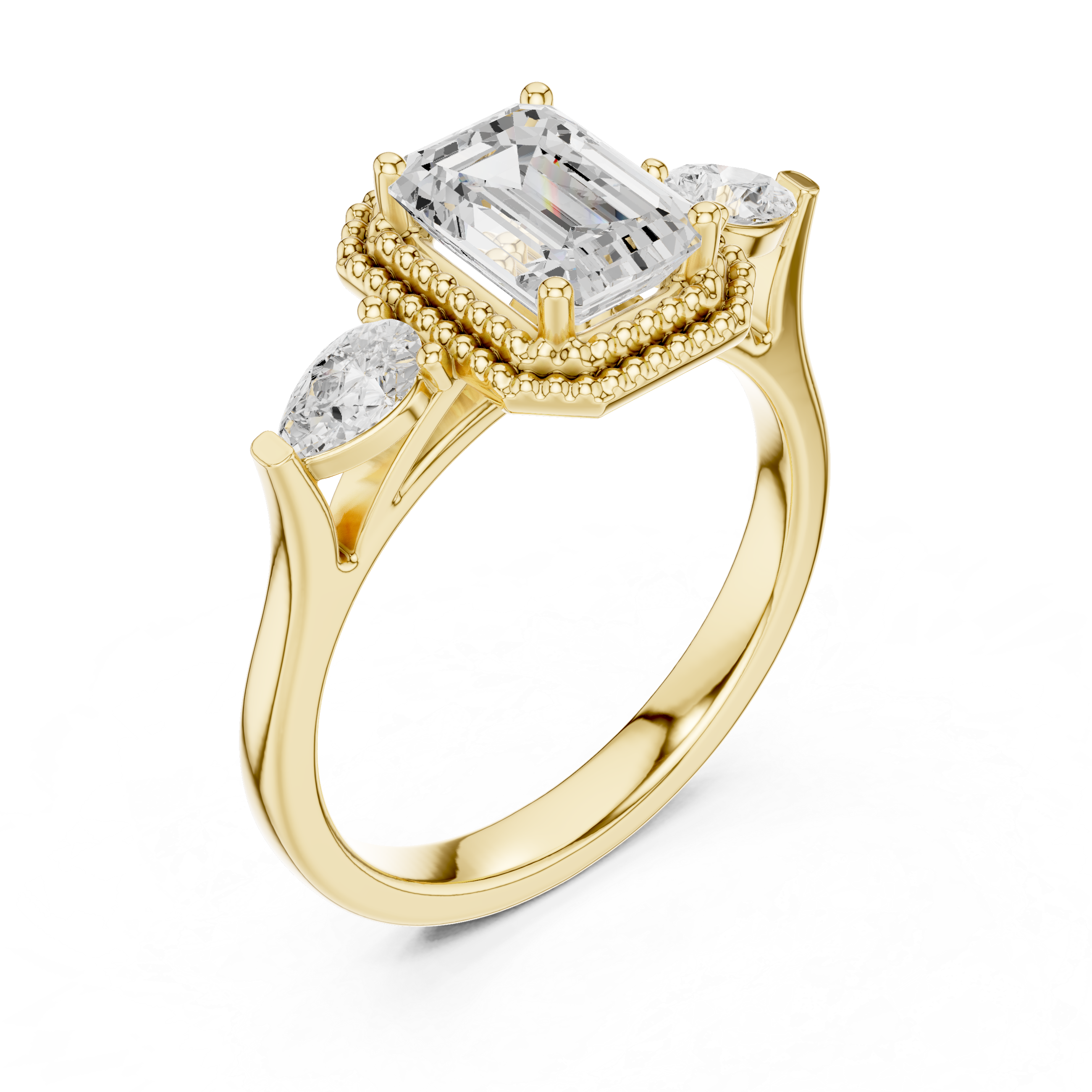 Emerald-Cut Three-Stone Engagement Ring with Pear Side Stones and Double Beaded Frame