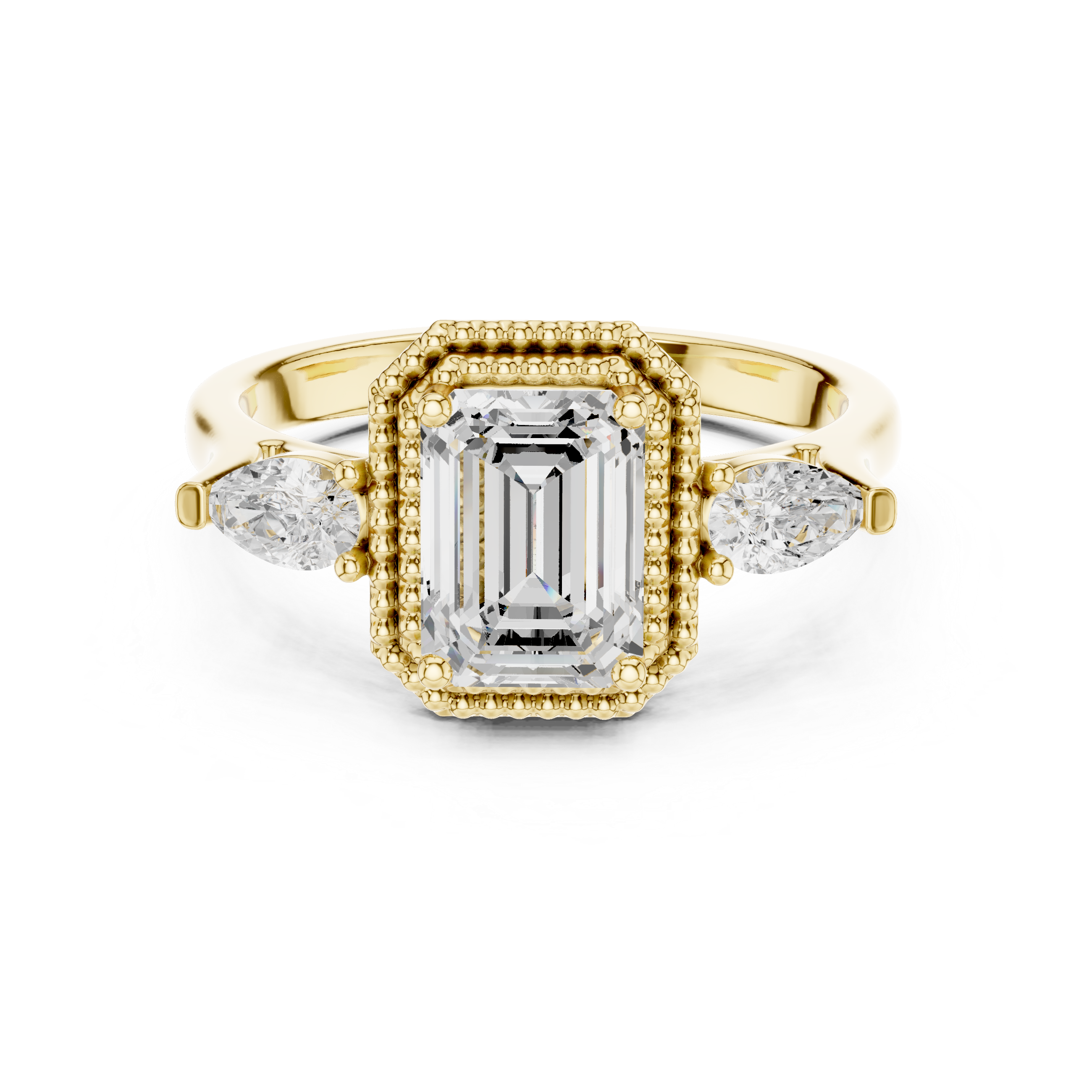 Emerald-Cut Three-Stone Engagement Ring with Pear Side Stones and Double Beaded Frame