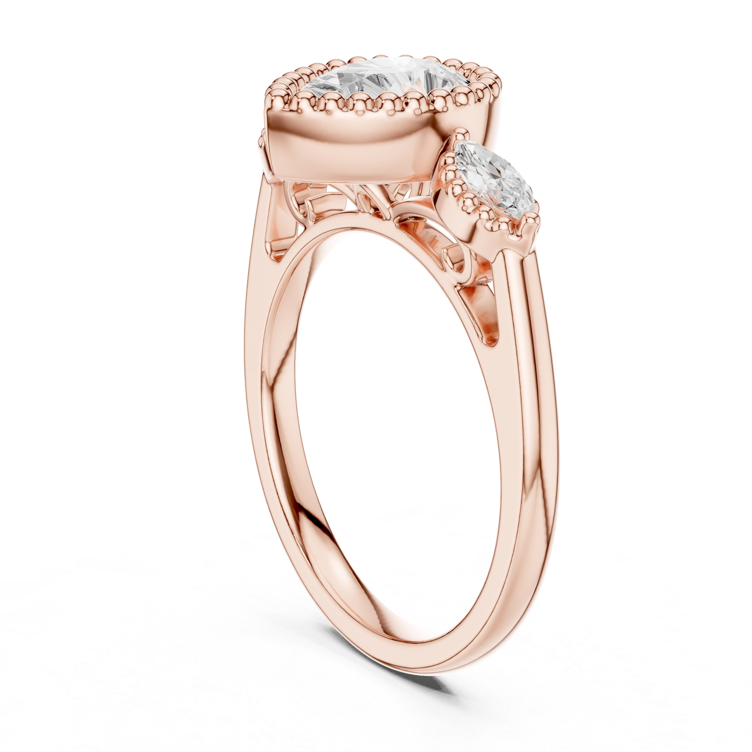 Pear-Cut Three-Stone Engagement Ring with Marquise Side Stones and Beaded Halo Detail