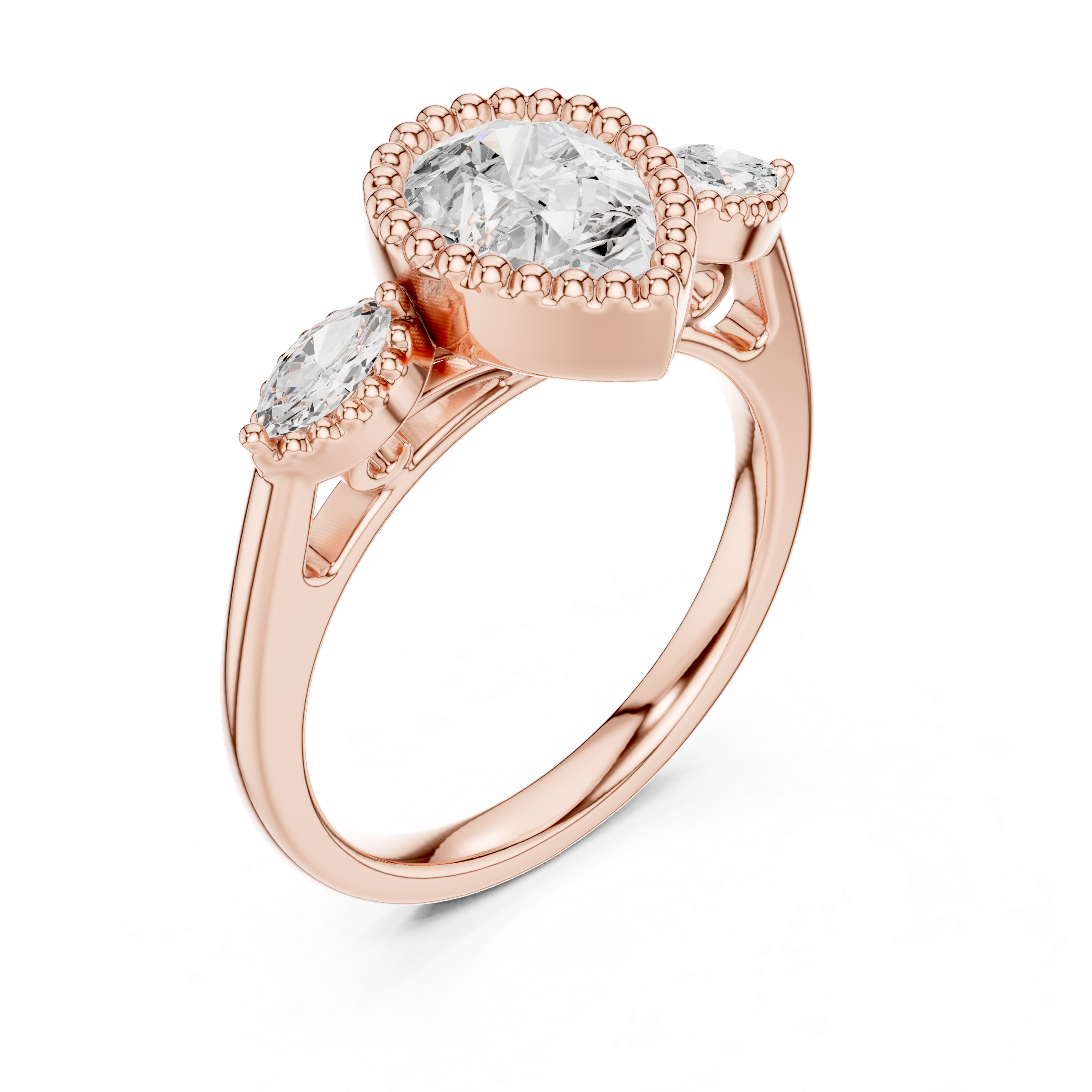 Pear-Cut Three-Stone Engagement Ring with Marquise Side Stones and Beaded Halo Detail