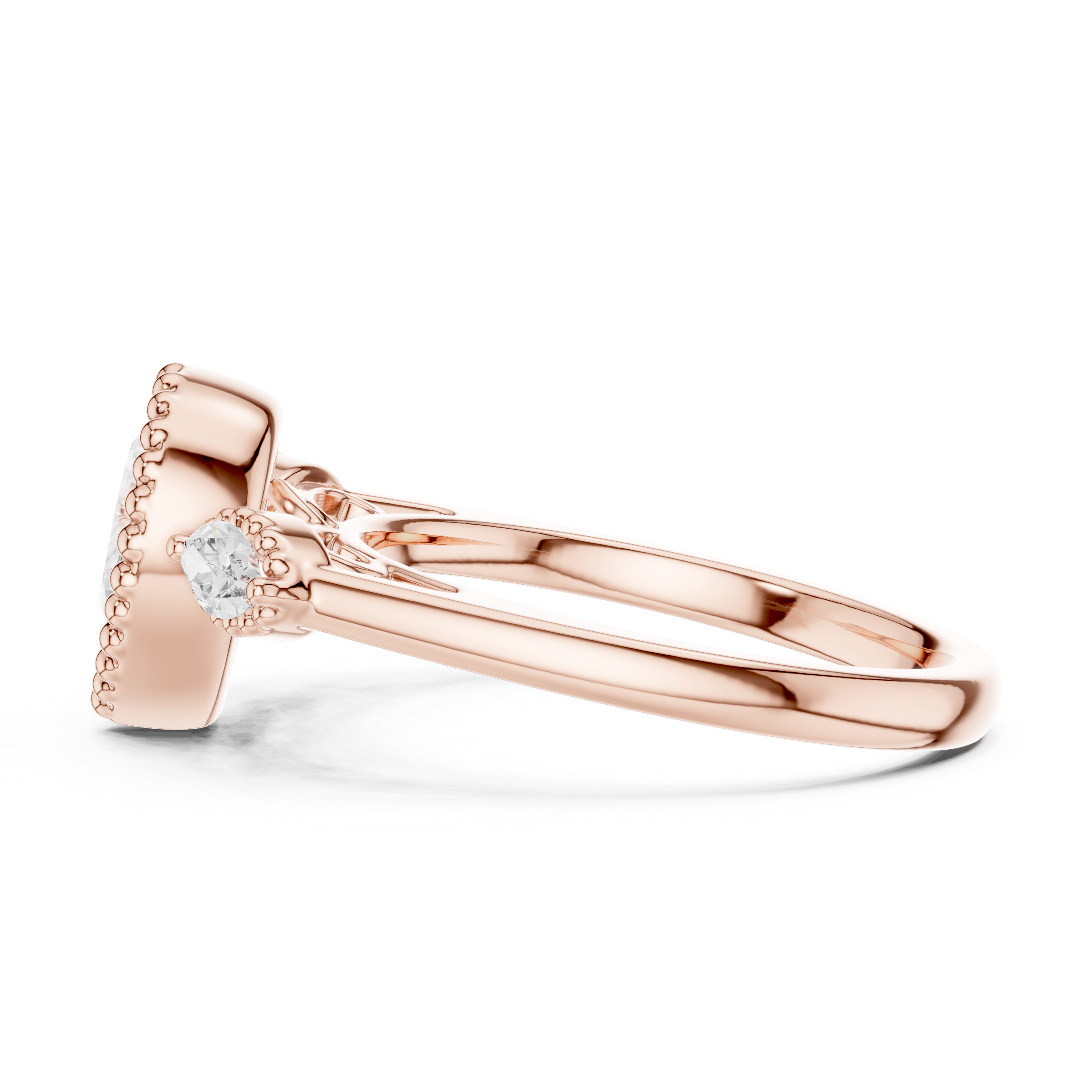 Pear-Cut Three-Stone Engagement Ring with Marquise Side Stones and Beaded Halo Detail