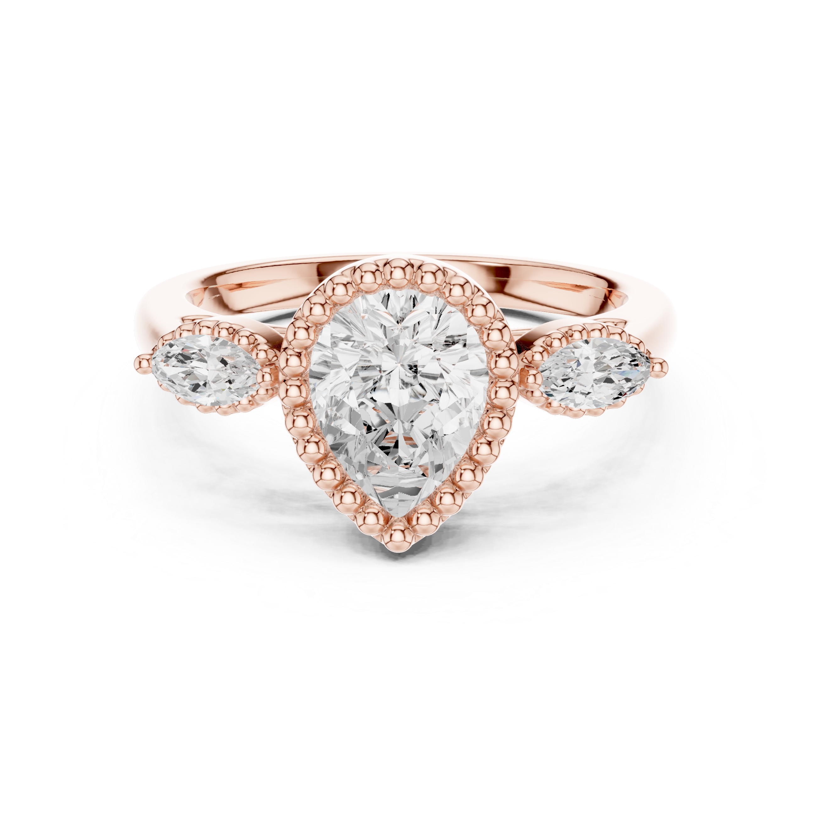 Pear-Cut Three-Stone Engagement Ring with Marquise Side Stones and Beaded Halo Detail