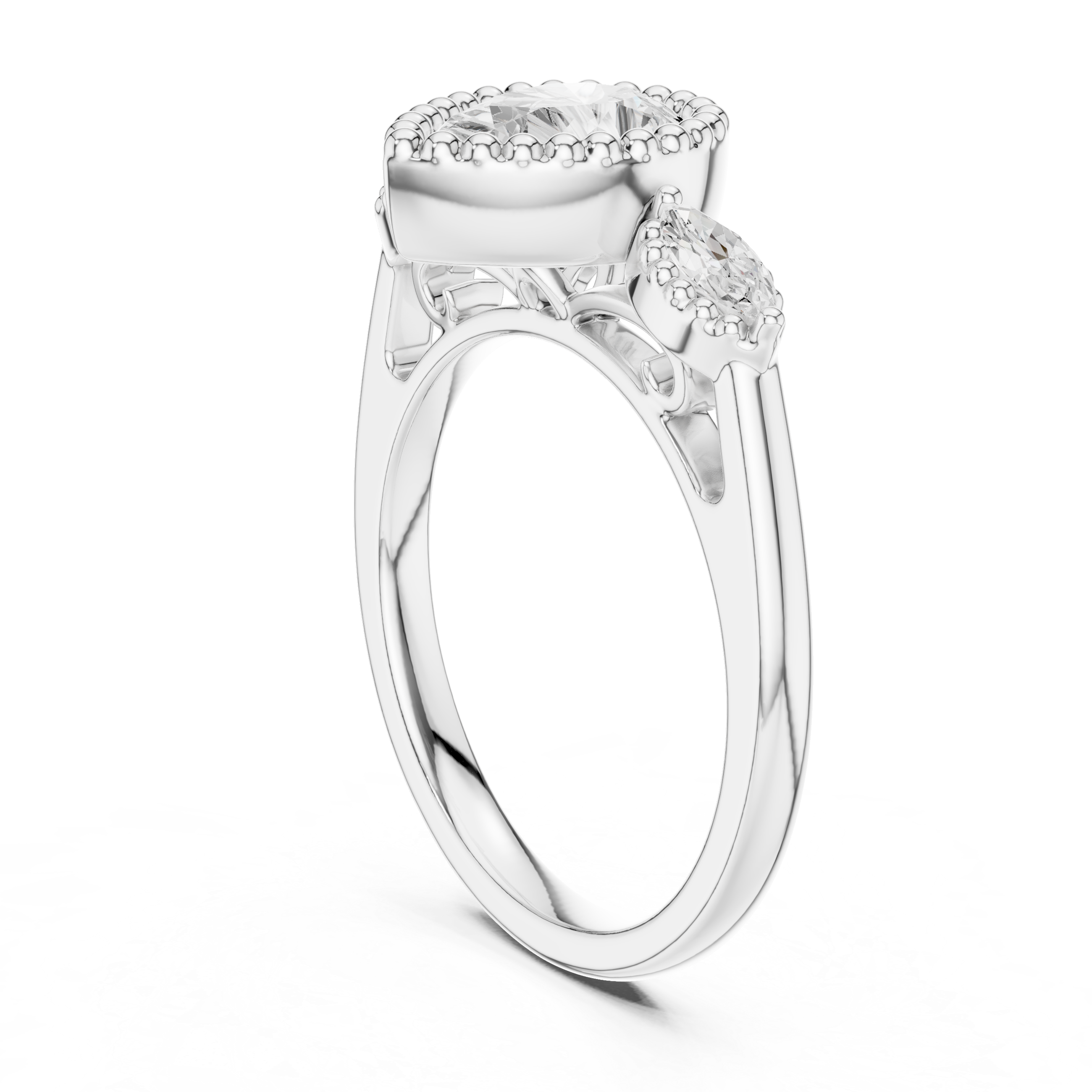 Pear-Cut Three-Stone Engagement Ring with Marquise Side Stones and Beaded Halo Detail