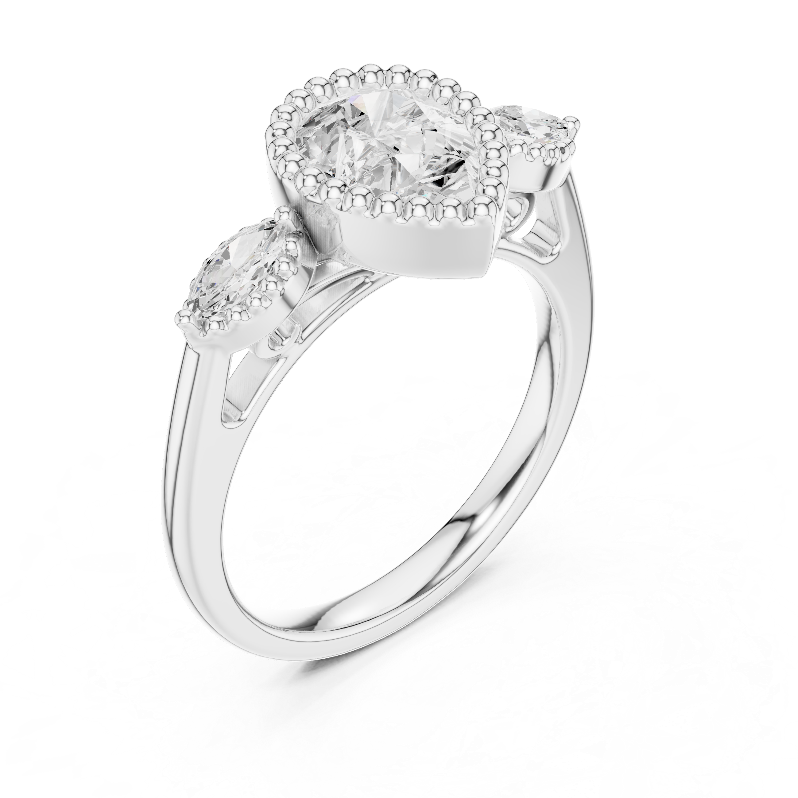 Pear-Cut Three-Stone Engagement Ring with Marquise Side Stones and Beaded Halo Detail