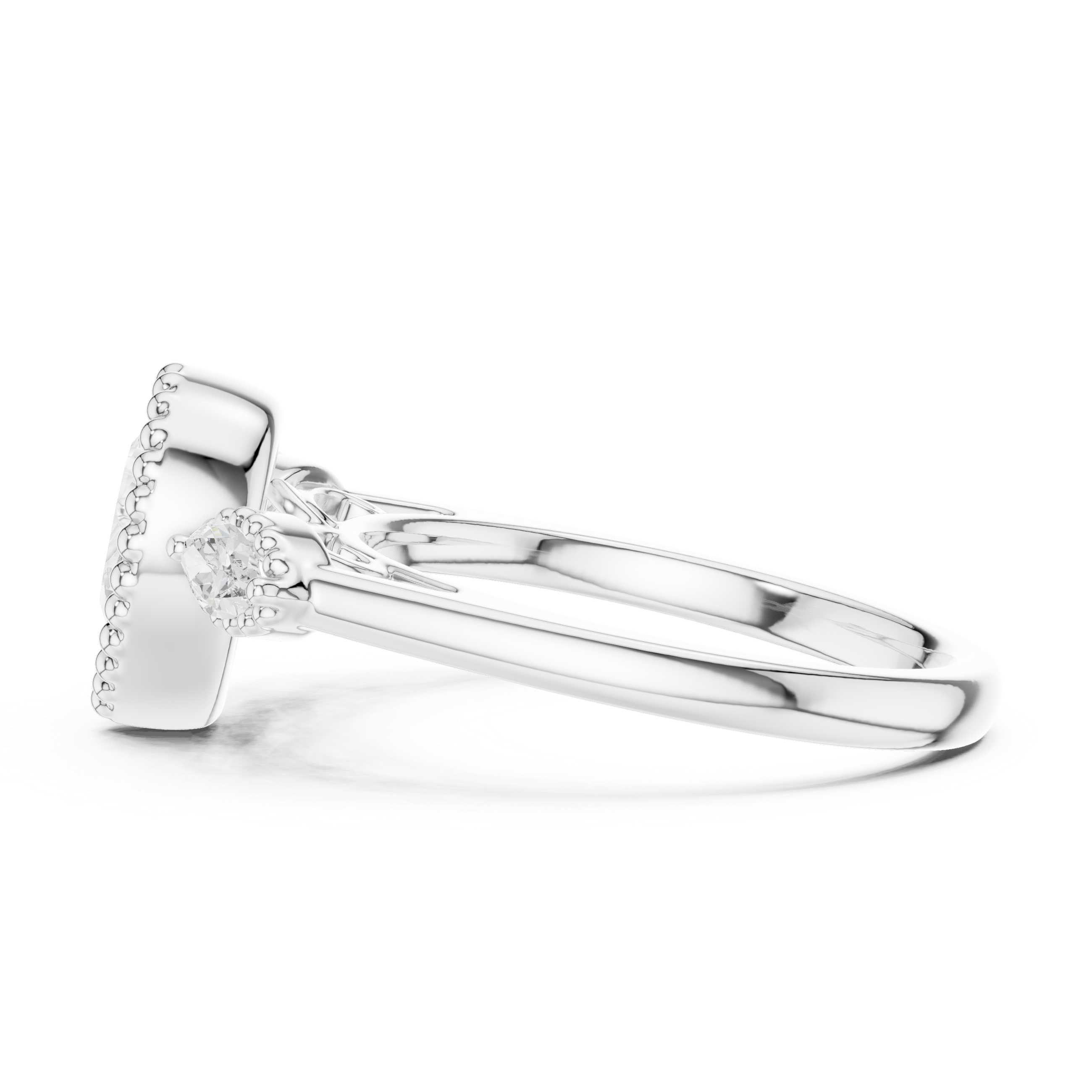 Pear-Cut Three-Stone Engagement Ring with Marquise Side Stones and Beaded Halo Detail