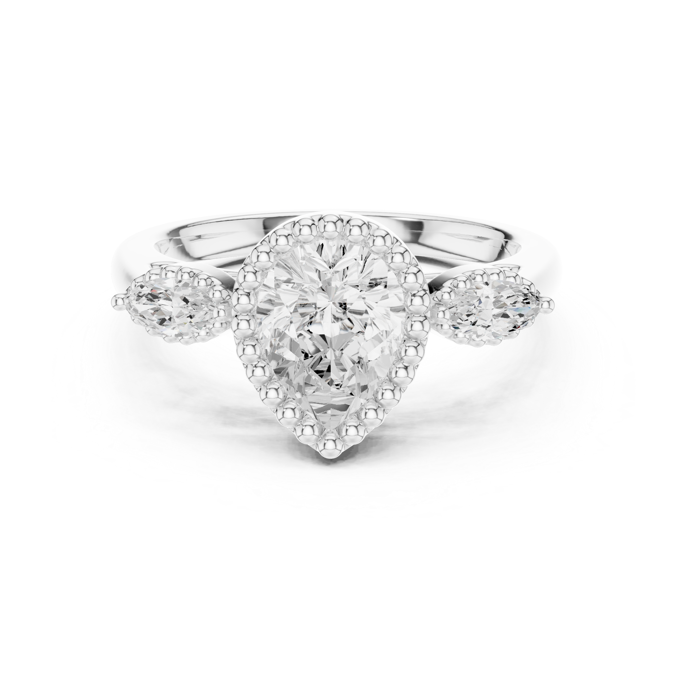 Pear-Cut Three-Stone Engagement Ring with Marquise Side Stones and Beaded Halo Detail