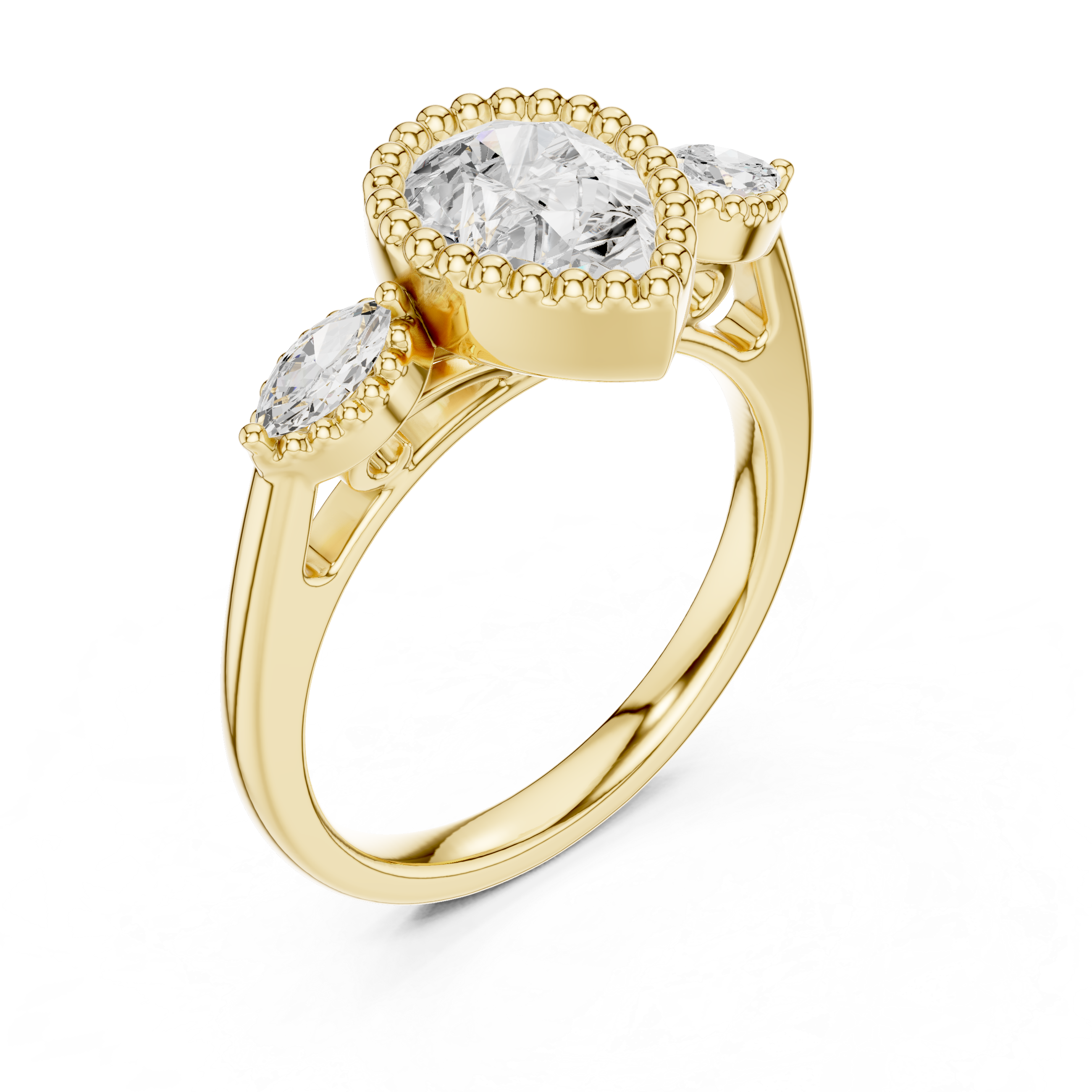Pear-Cut Three-Stone Engagement Ring with Marquise Side Stones and Beaded Halo Detail