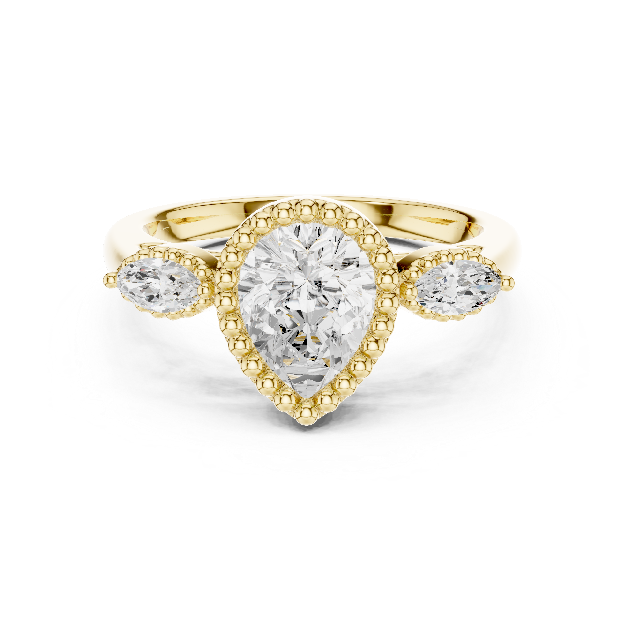 Pear-Cut Three-Stone Engagement Ring with Marquise Side Stones and Beaded Halo Detail