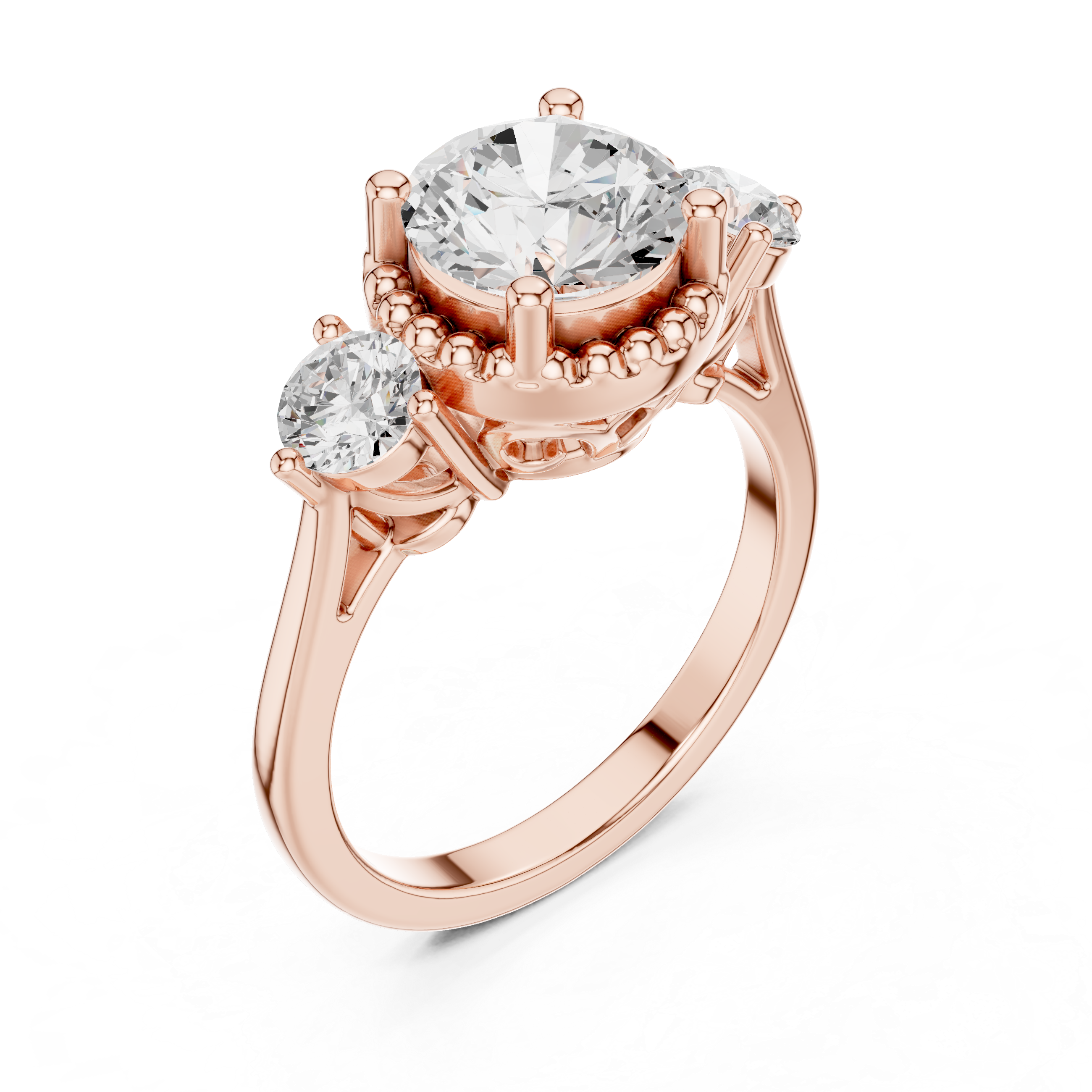 Round Three-Stone Engagement Ring with Beaded Frame and Decorative Open Gallery