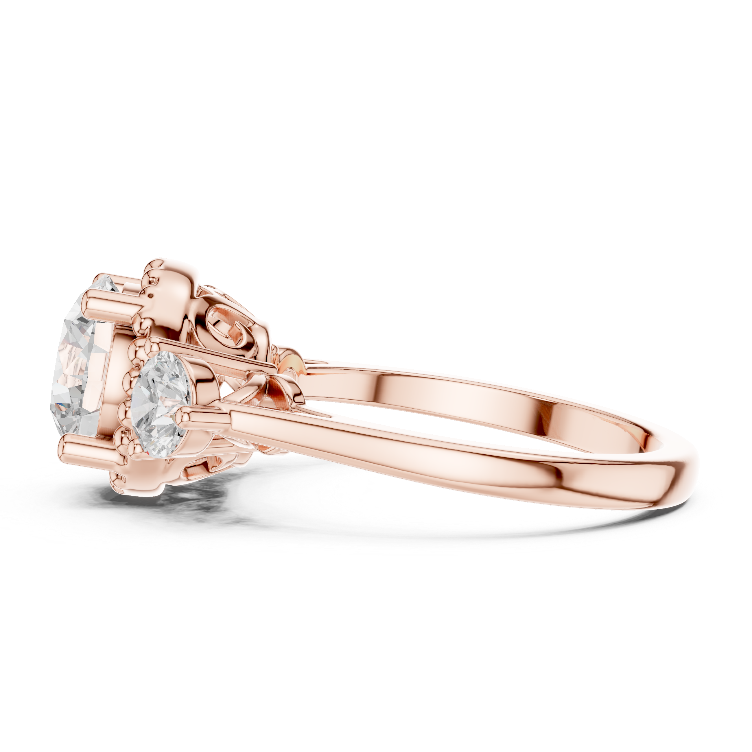 Round Three-Stone Engagement Ring with Beaded Frame and Decorative Open Gallery