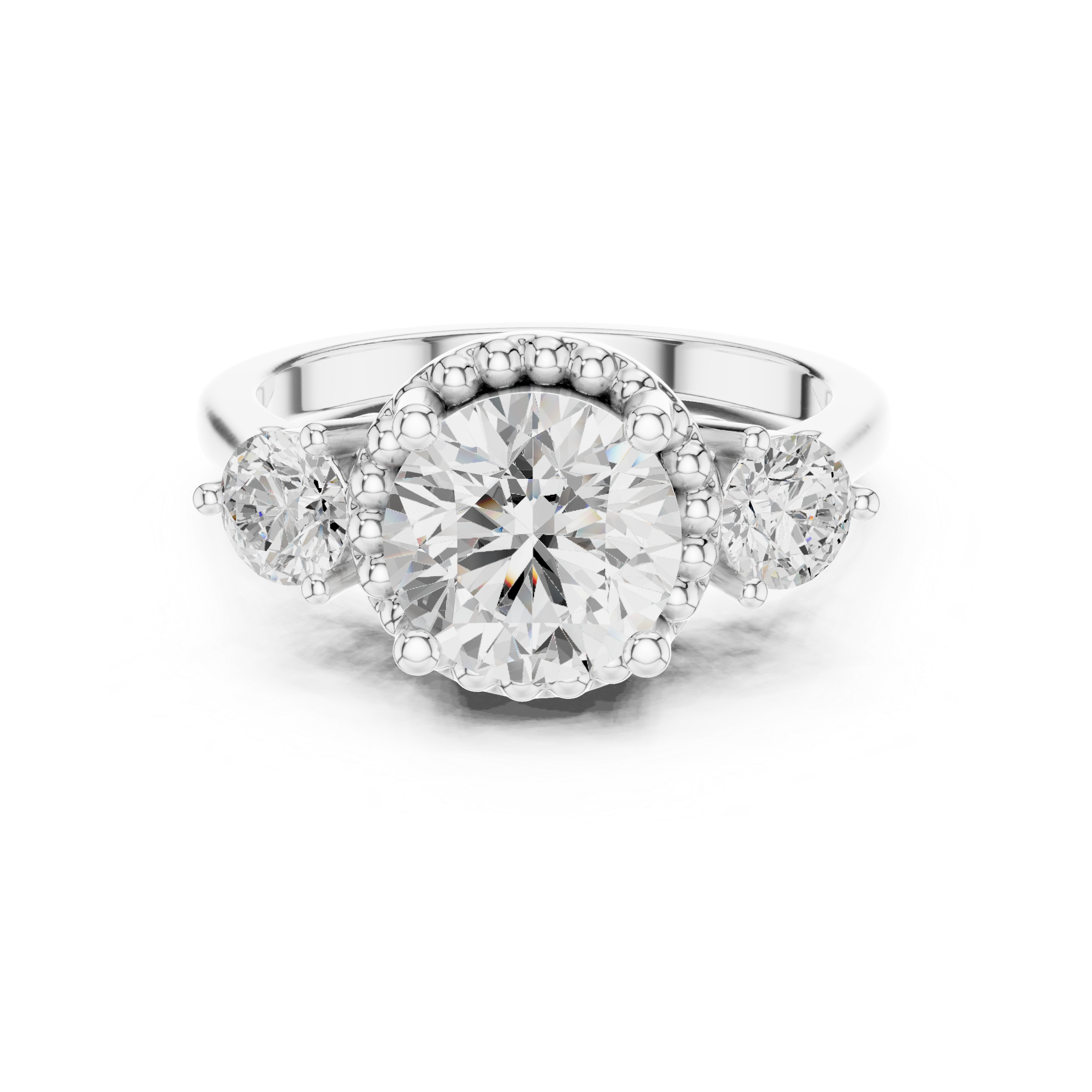 Round Three-Stone Engagement Ring with Beaded Frame and Decorative Open Gallery