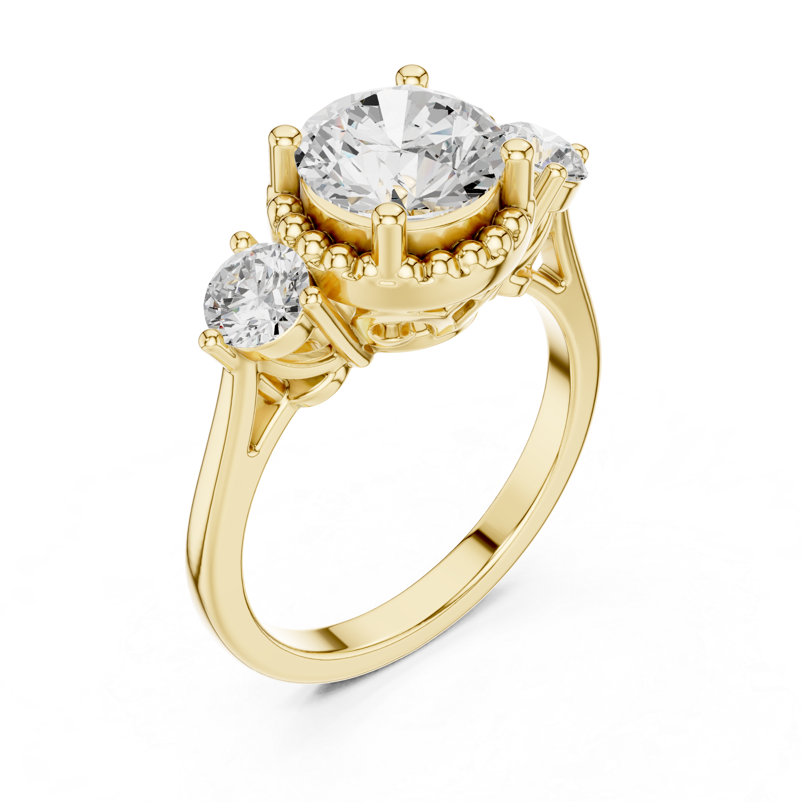 Round Three-Stone Engagement Ring with Beaded Frame and Decorative Open Gallery