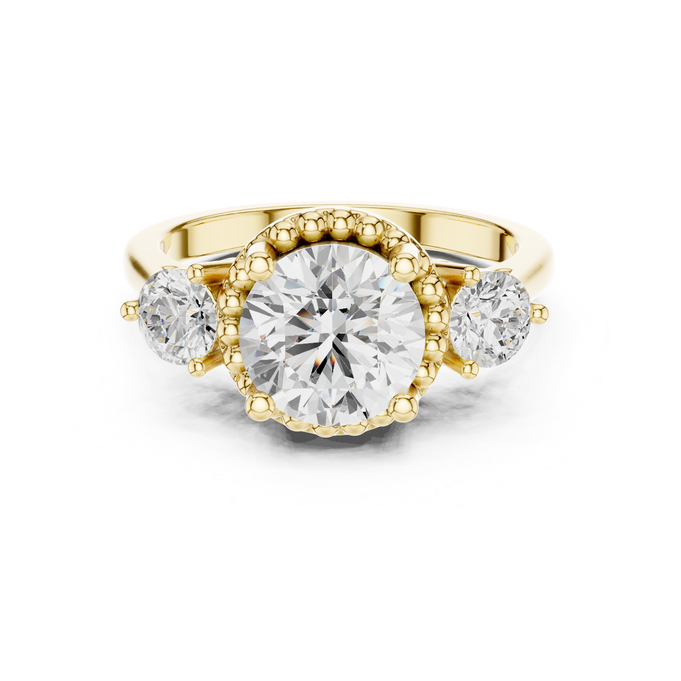 Round Three-Stone Engagement Ring with Beaded Frame and Decorative Open Gallery