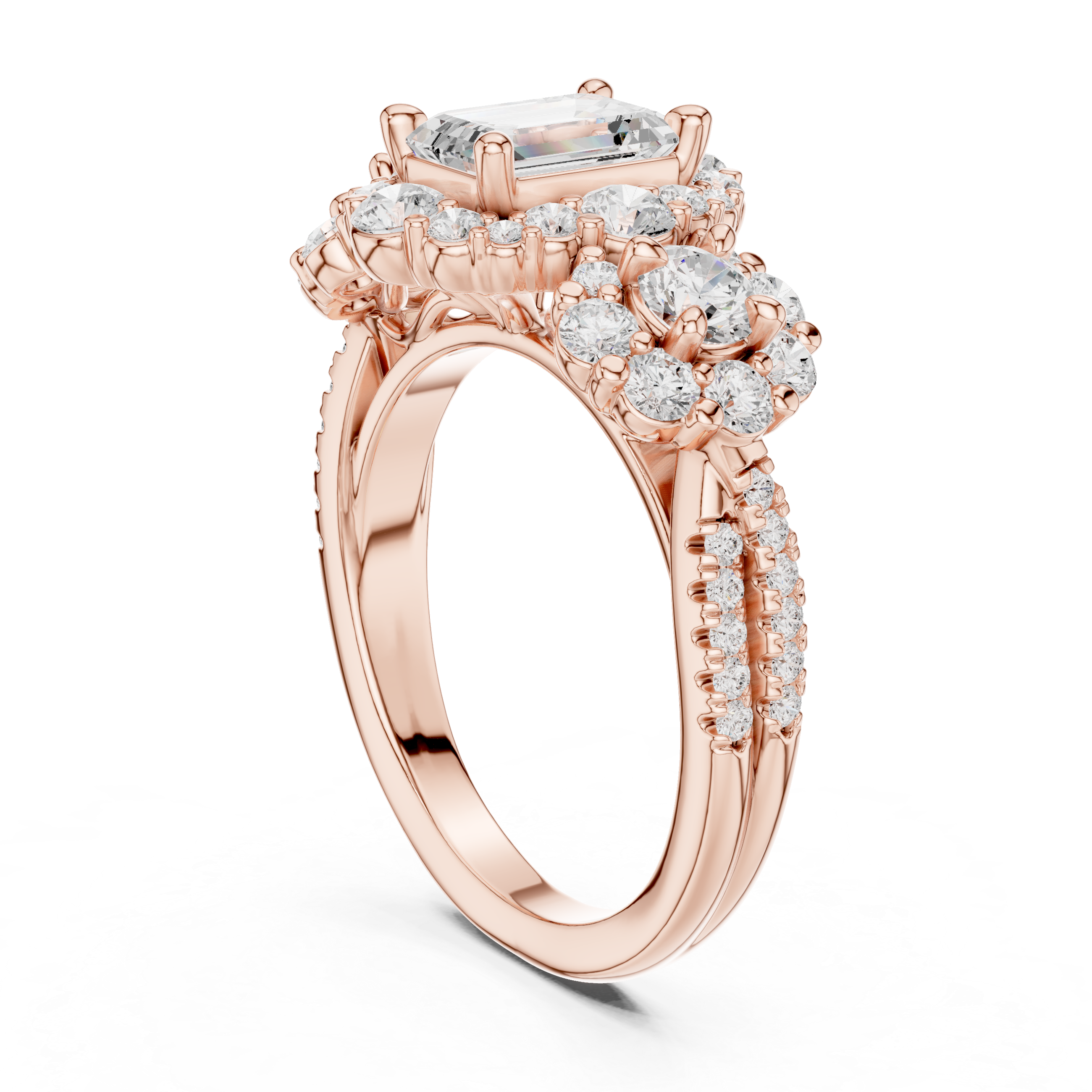 Emerald-Cut Floral Cluster Engagement Ring with Round Diamond Accents