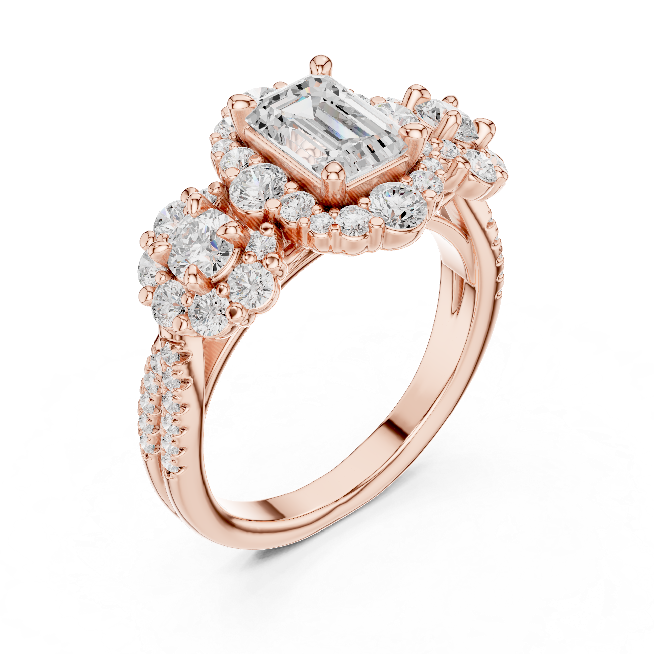 Emerald-Cut Floral Cluster Engagement Ring with Round Diamond Accents