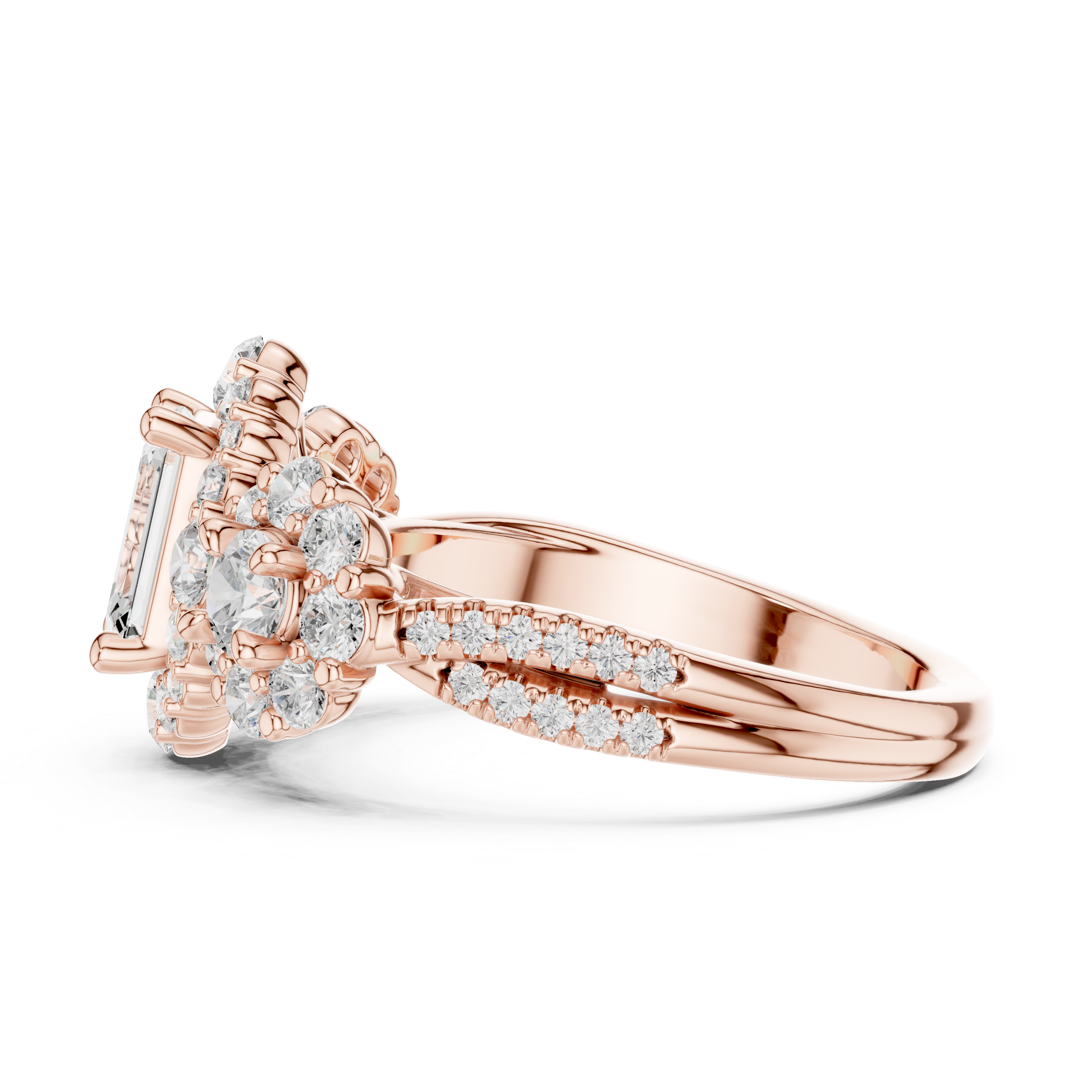 Emerald-Cut Floral Cluster Engagement Ring with Round Diamond Accents