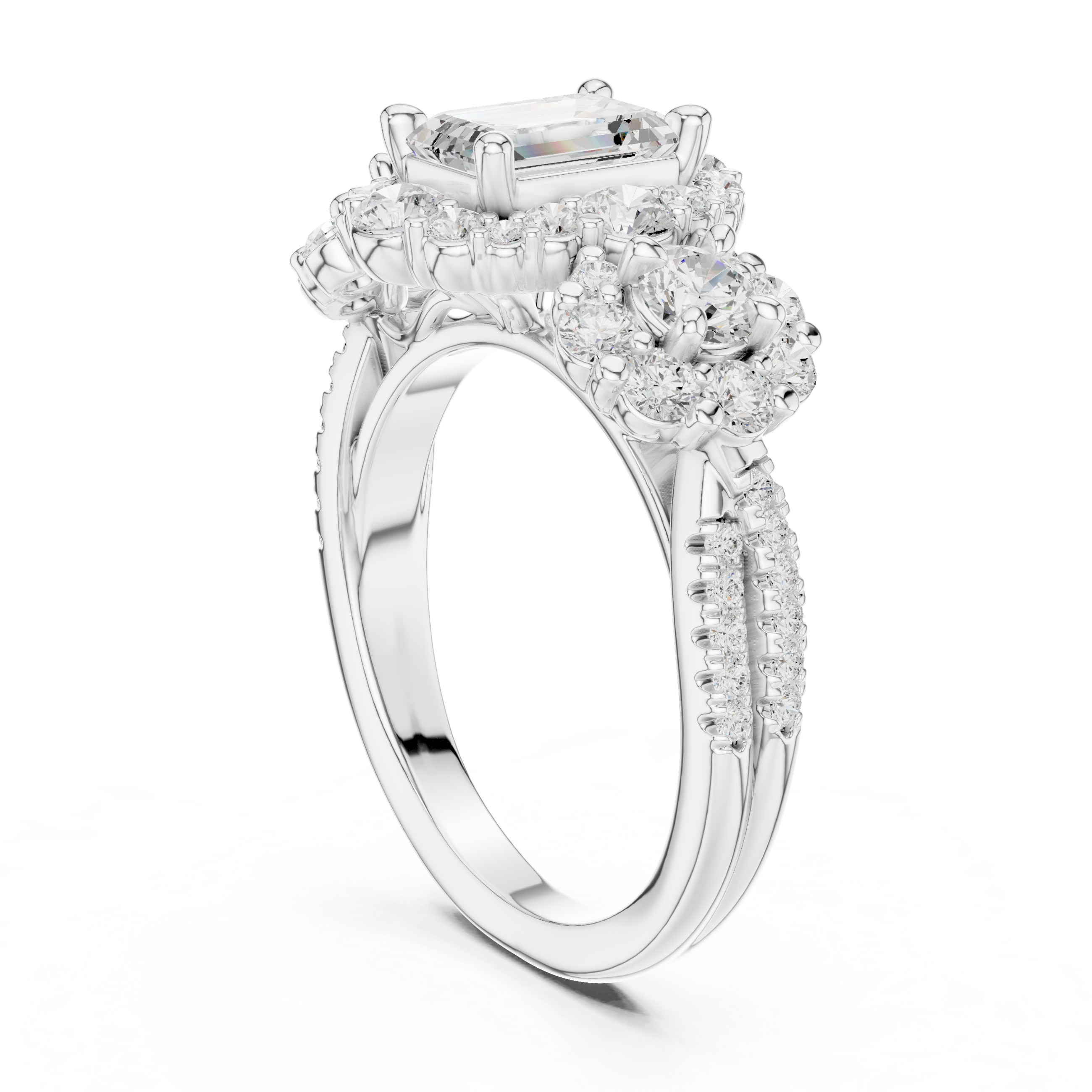 Emerald-Cut Floral Cluster Engagement Ring with Round Diamond Accents