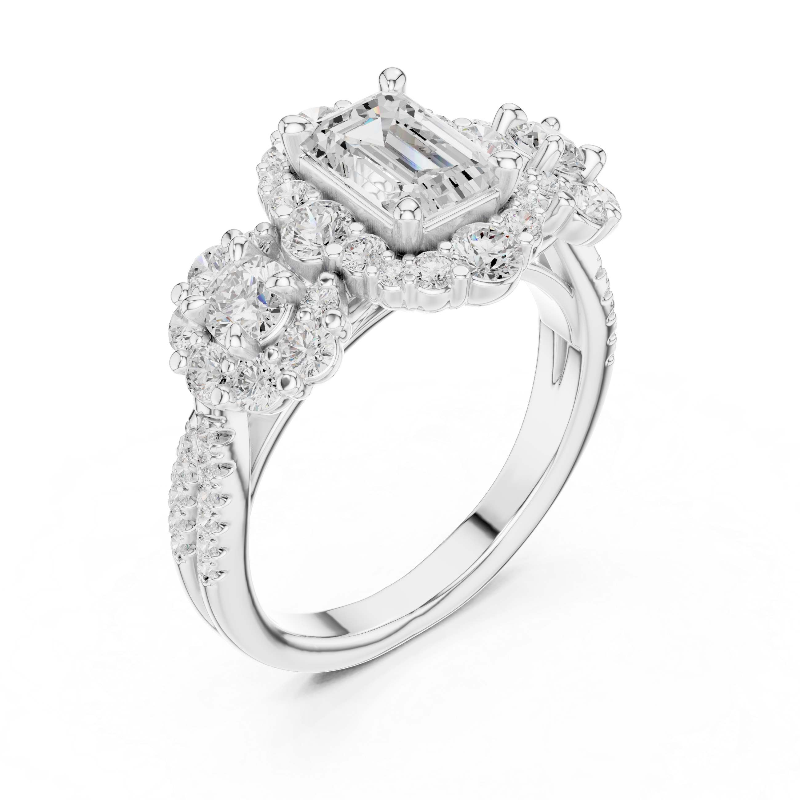 Emerald-Cut Floral Cluster Engagement Ring with Round Diamond Accents