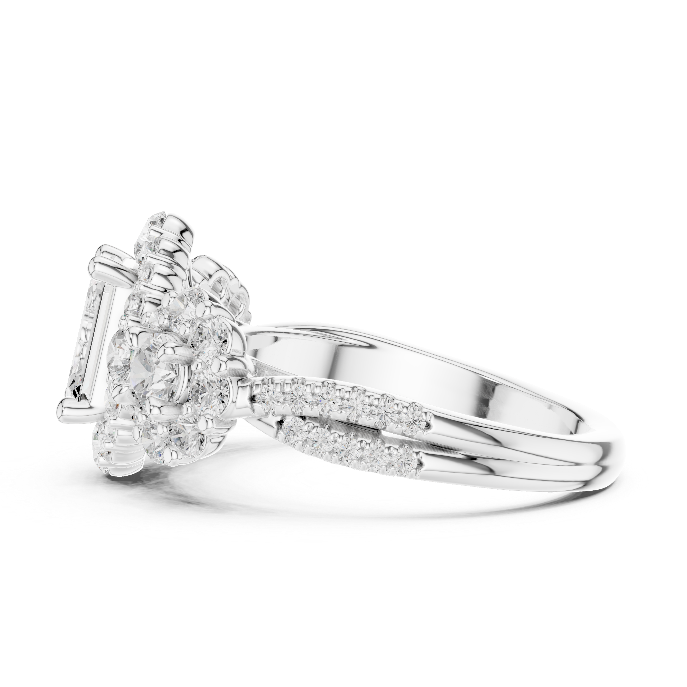 Emerald-Cut Floral Cluster Engagement Ring with Round Diamond Accents