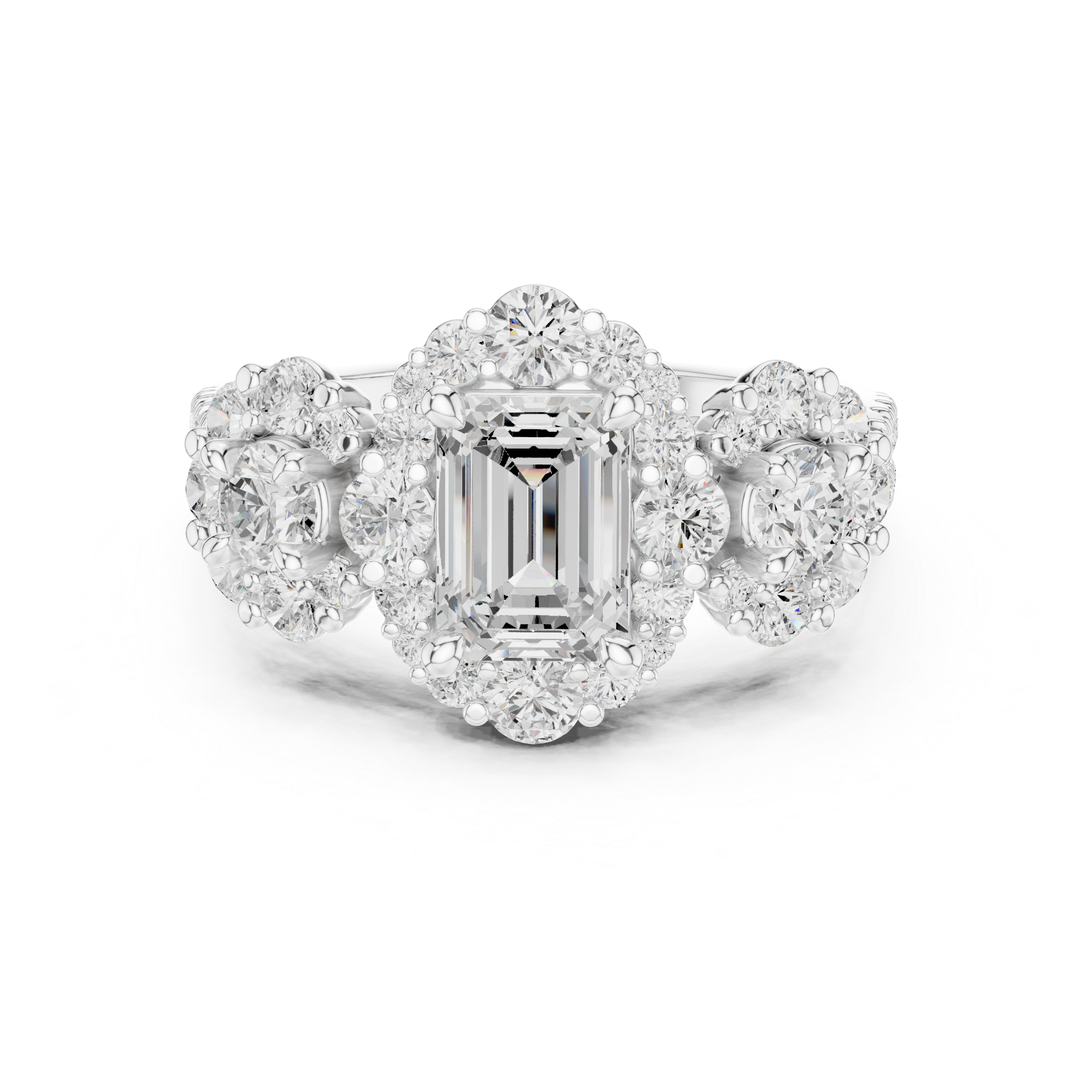 Emerald-Cut Floral Cluster Engagement Ring with Round Diamond Accents
