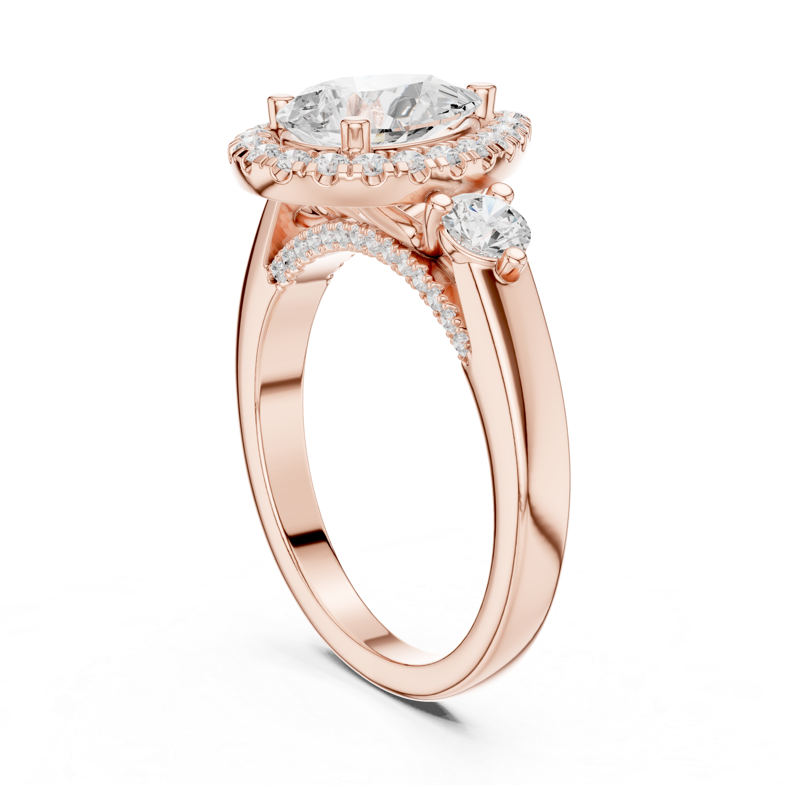 Pear-Cut Halo Three-Stone Engagement Ring with Round Side Stones