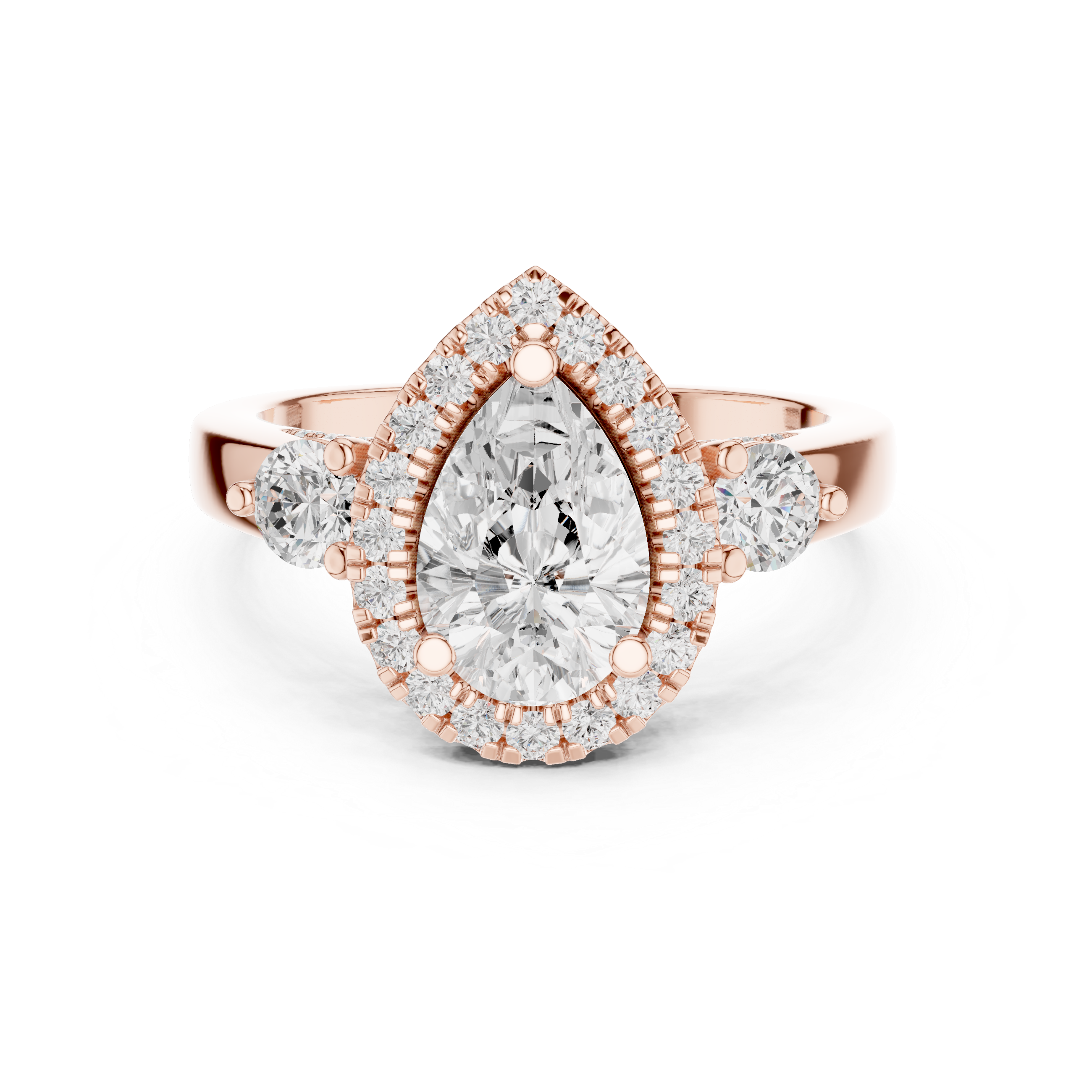 Pear-Cut Halo Three-Stone Engagement Ring with Round Side Stones