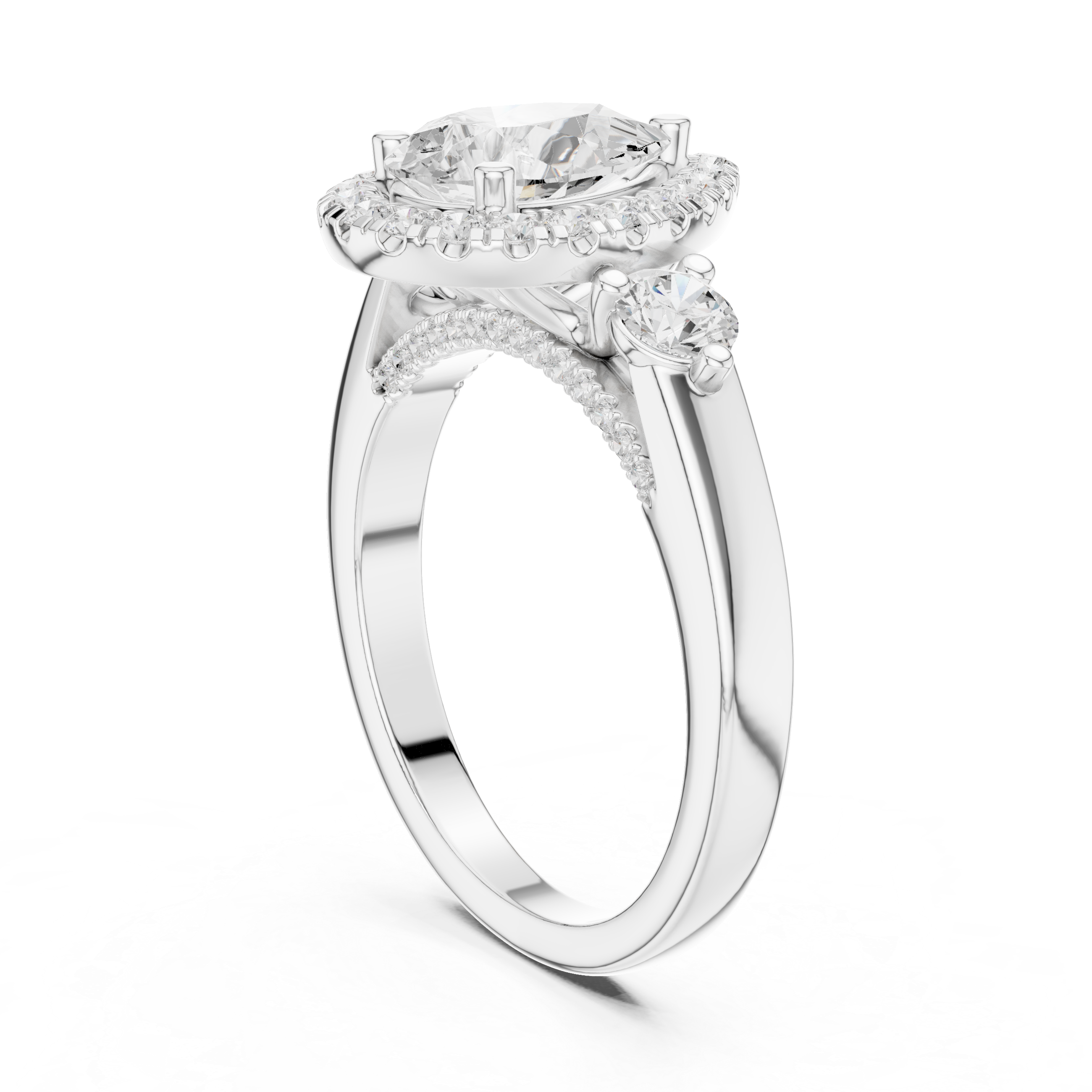 Pear-Cut Halo Three-Stone Engagement Ring with Round Side Stones