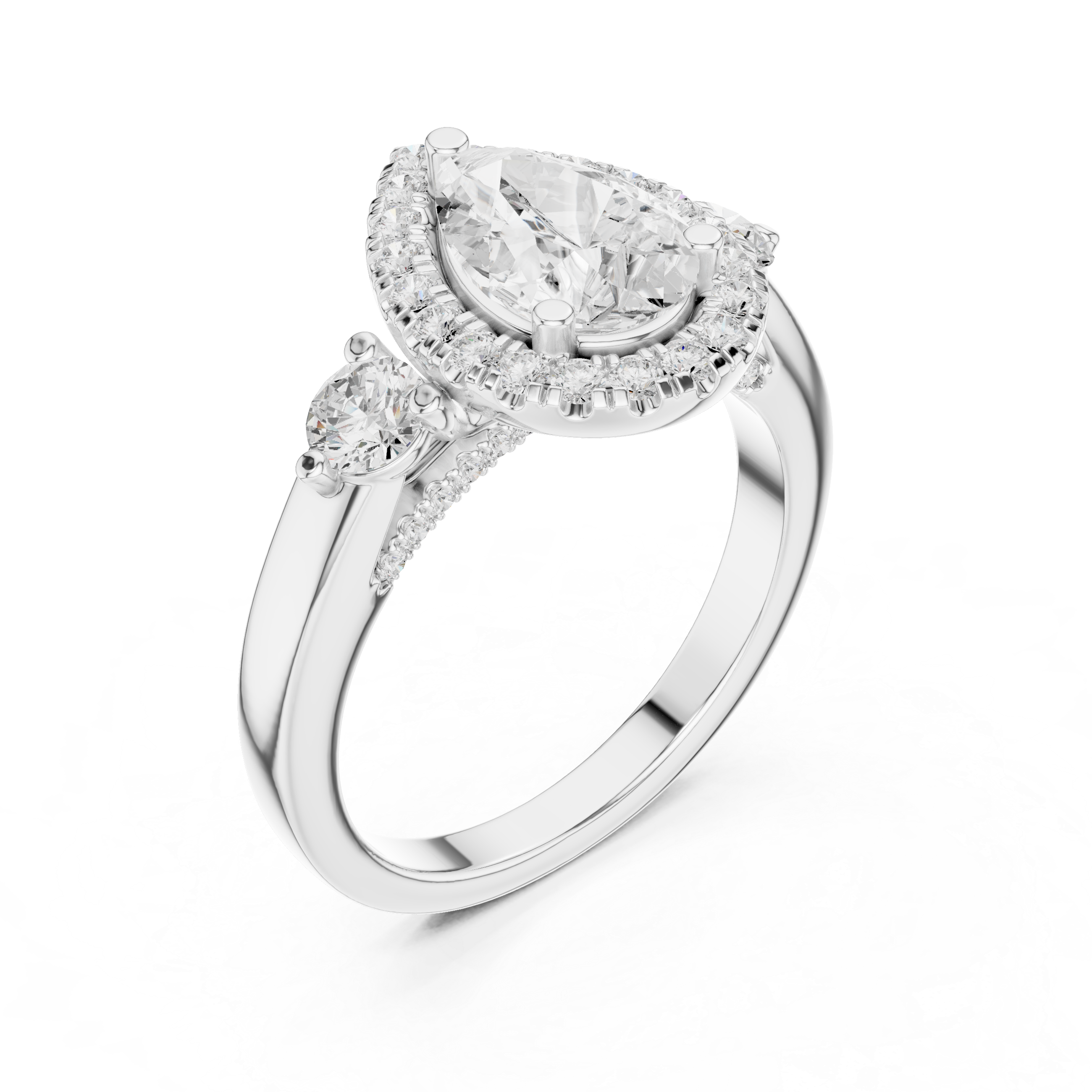 Pear-Cut Halo Three-Stone Engagement Ring with Round Side Stones