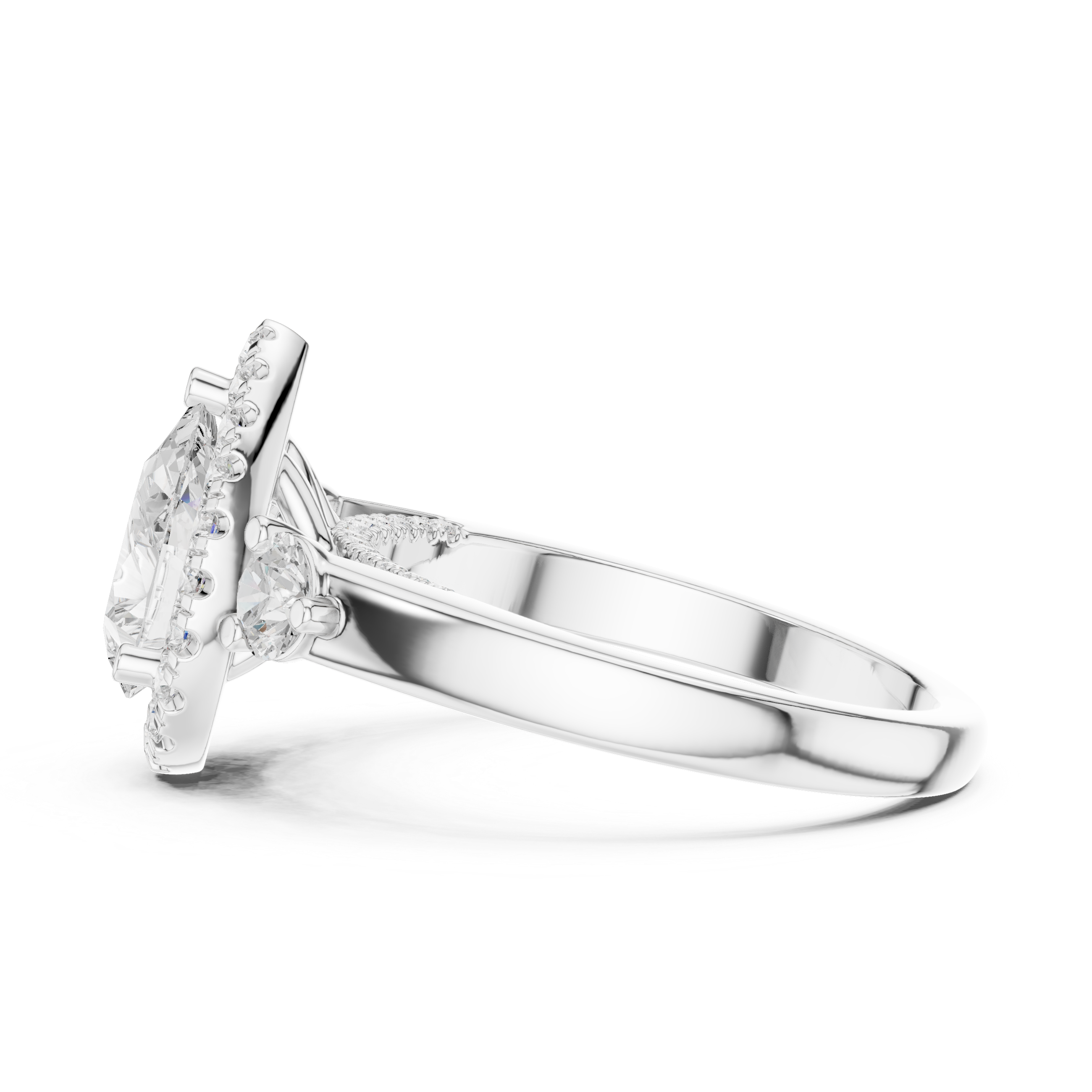 Pear-Cut Halo Three-Stone Engagement Ring with Round Side Stones