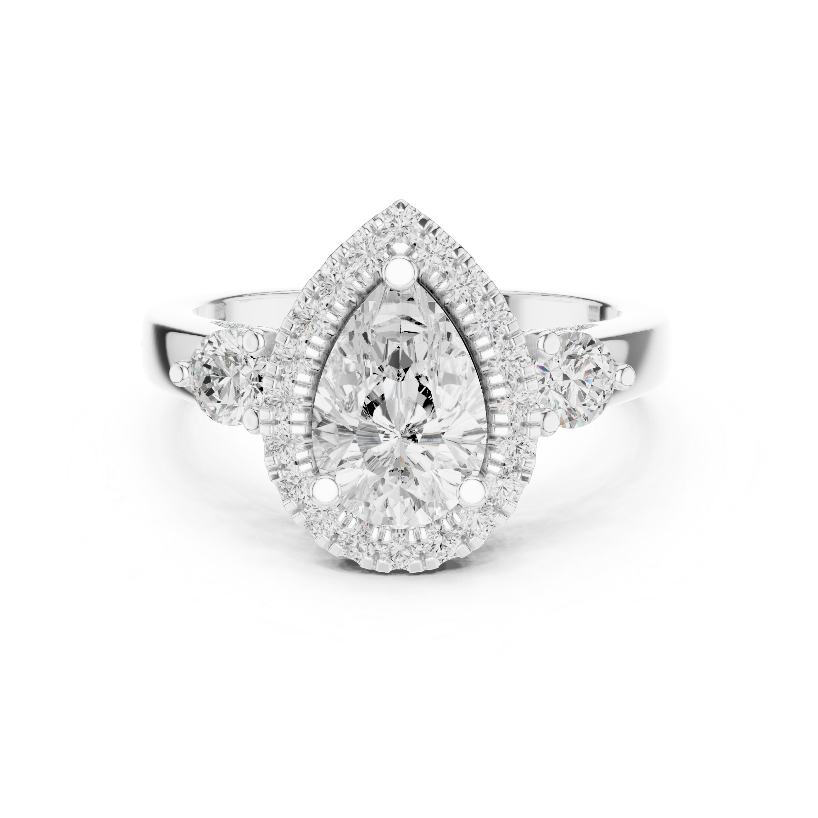 Pear-Cut Halo Three-Stone Engagement Ring with Round Side Stones