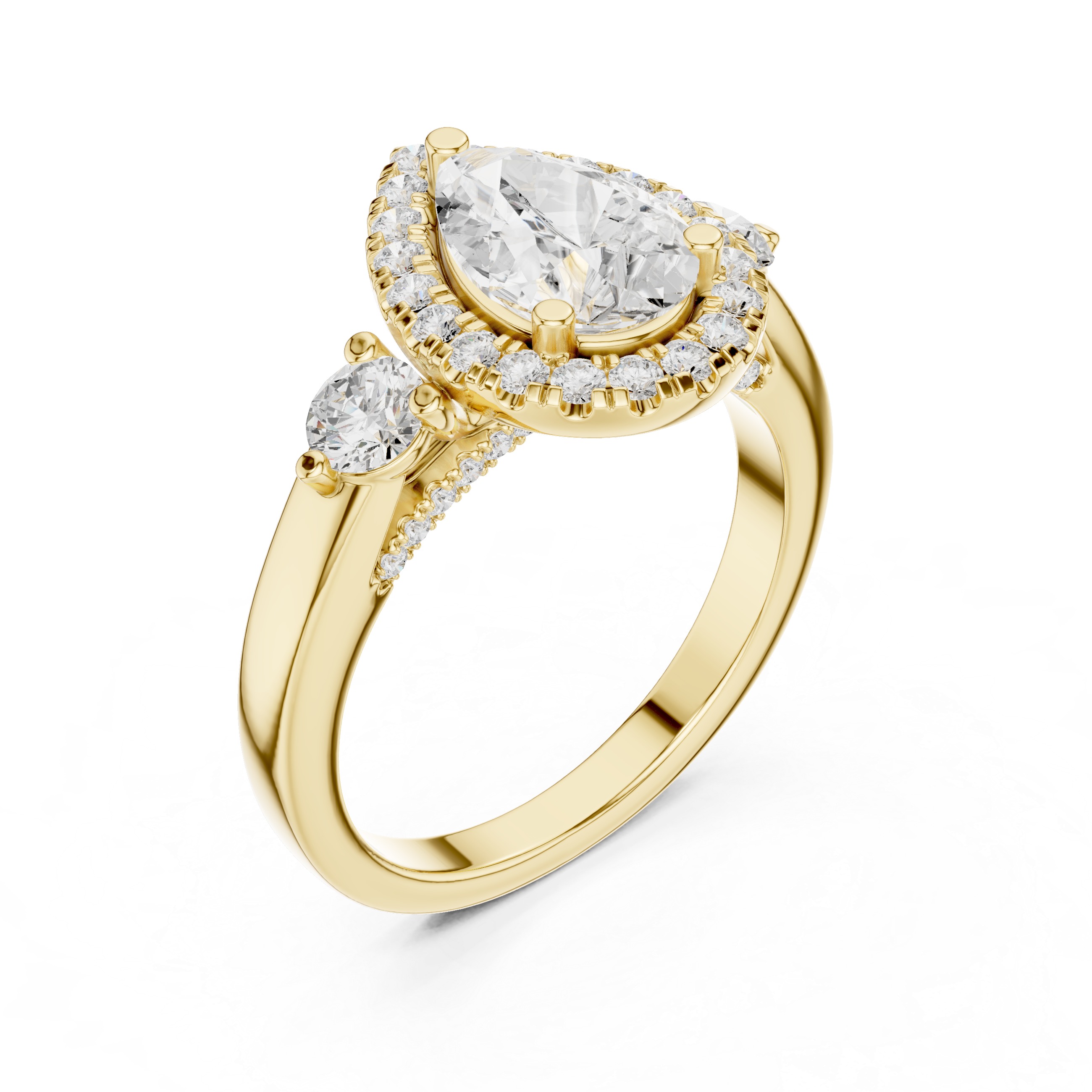 Pear-Cut Halo Three-Stone Engagement Ring with Round Side Stones