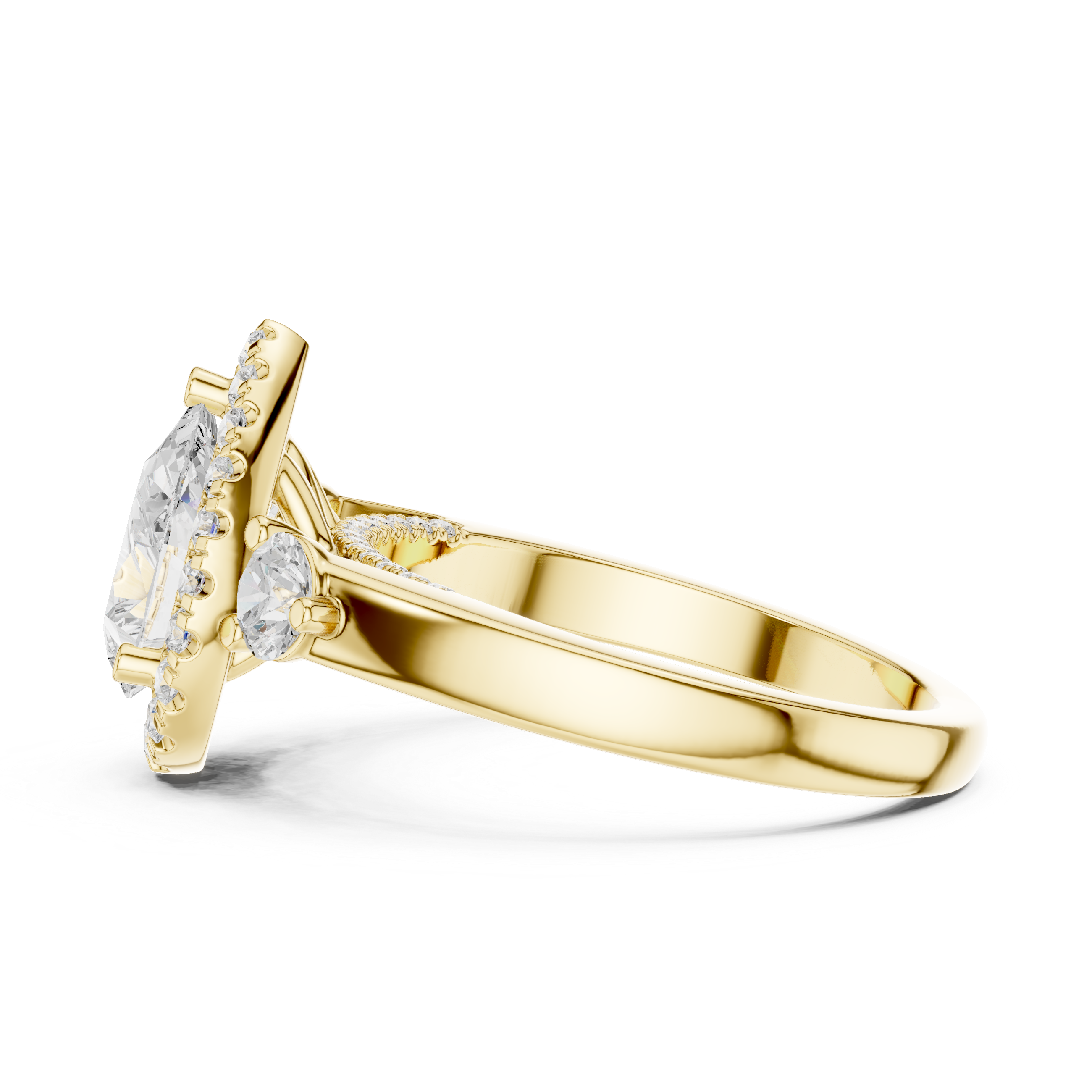 Pear-Cut Halo Three-Stone Engagement Ring with Round Side Stones