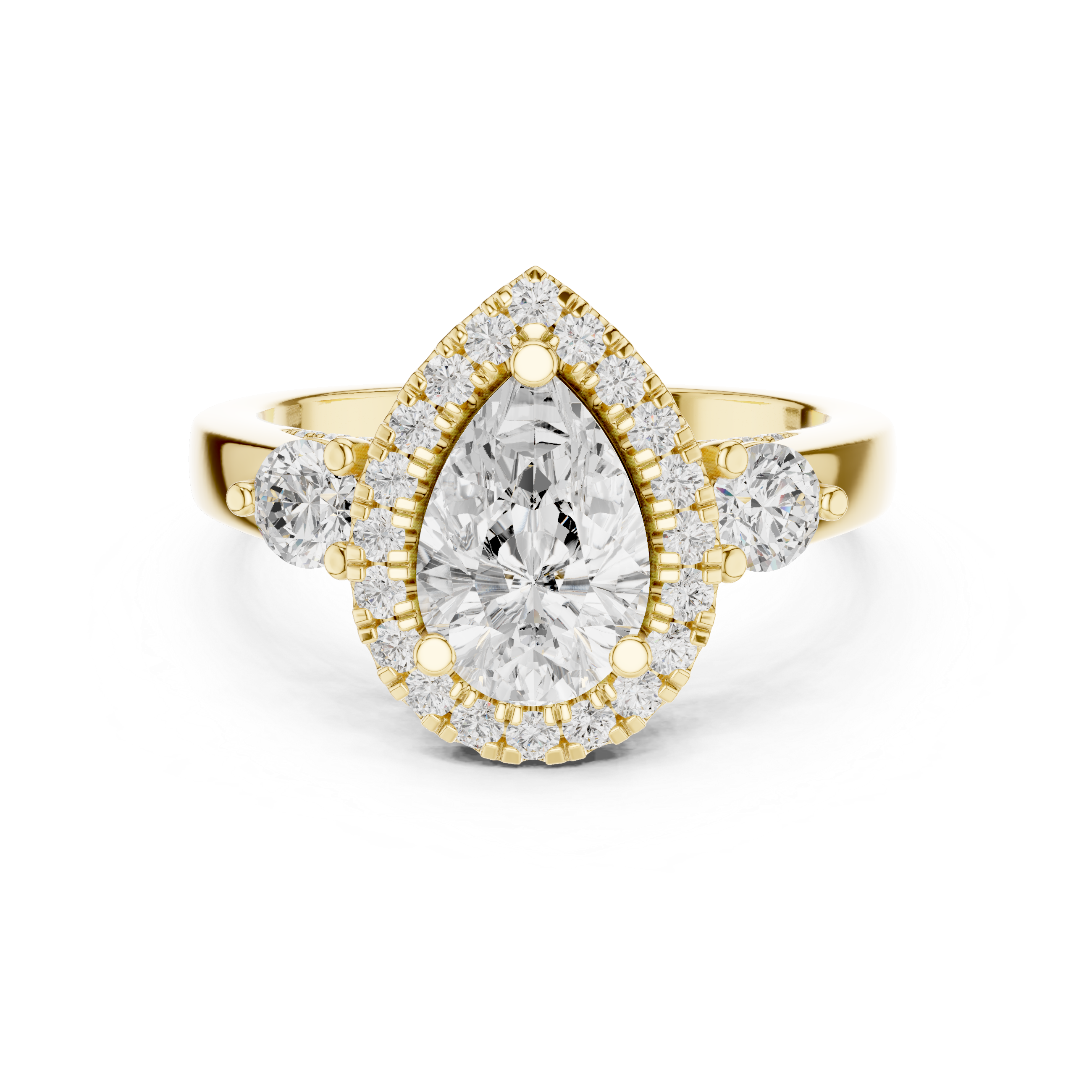 Pear-Cut Halo Three-Stone Engagement Ring with Round Side Stones