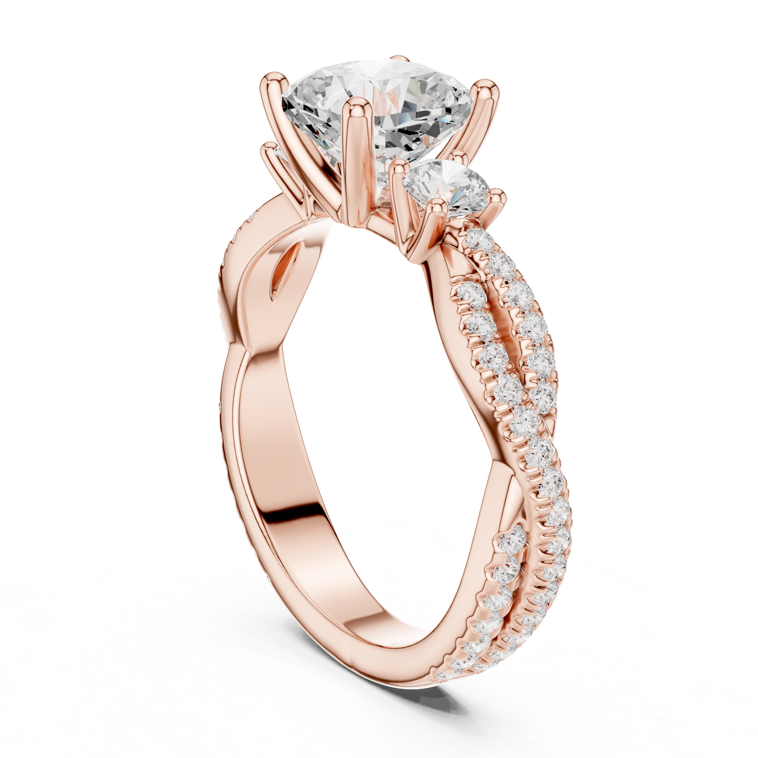 Twisted Pavé Cushion Cut Three Stone Engagement Ring