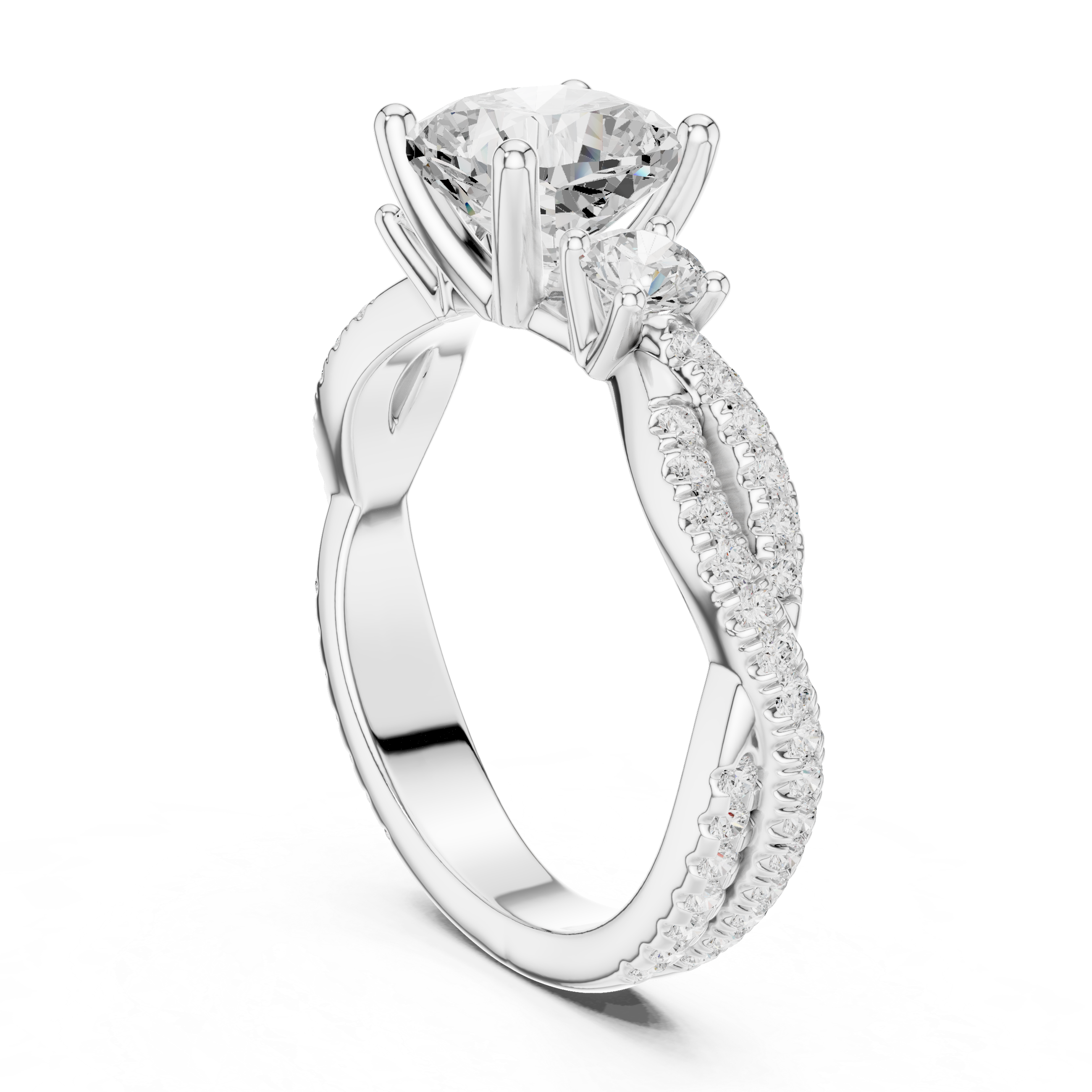 Twisted Pavé Cushion Cut Three Stone Engagement Ring