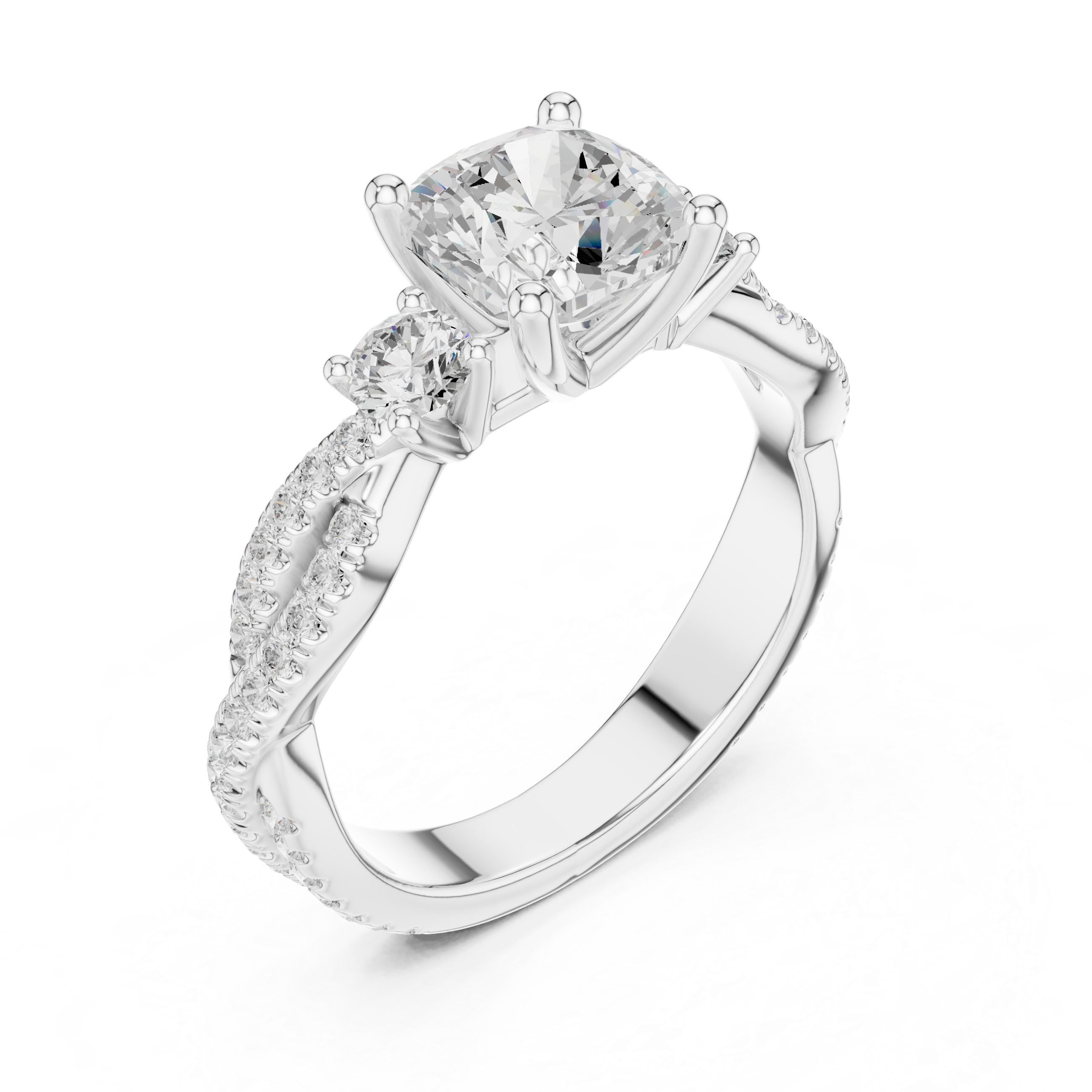 Twisted Pavé Cushion Cut Three Stone Engagement Ring
