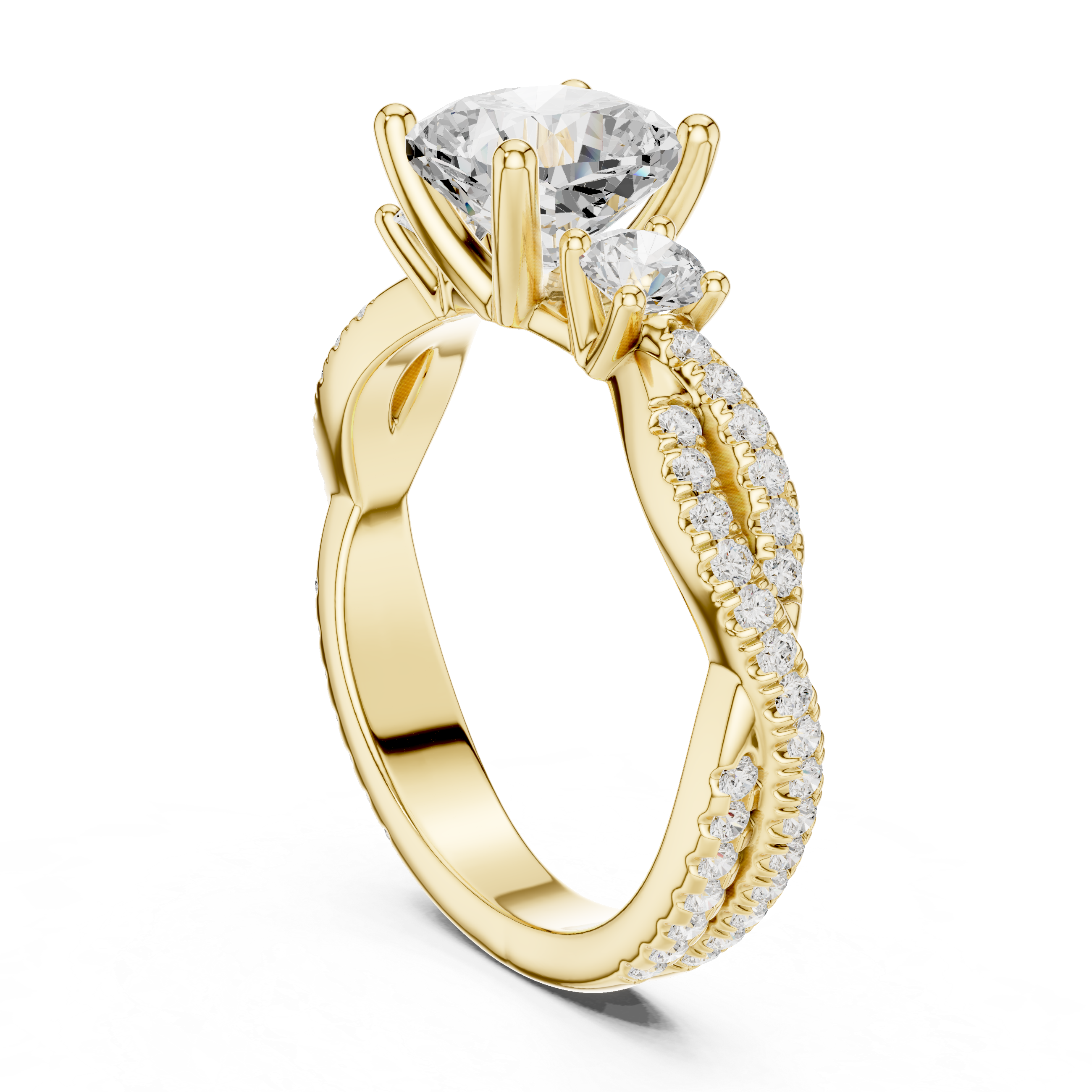 Twisted Pavé Cushion Cut Three Stone Engagement Ring
