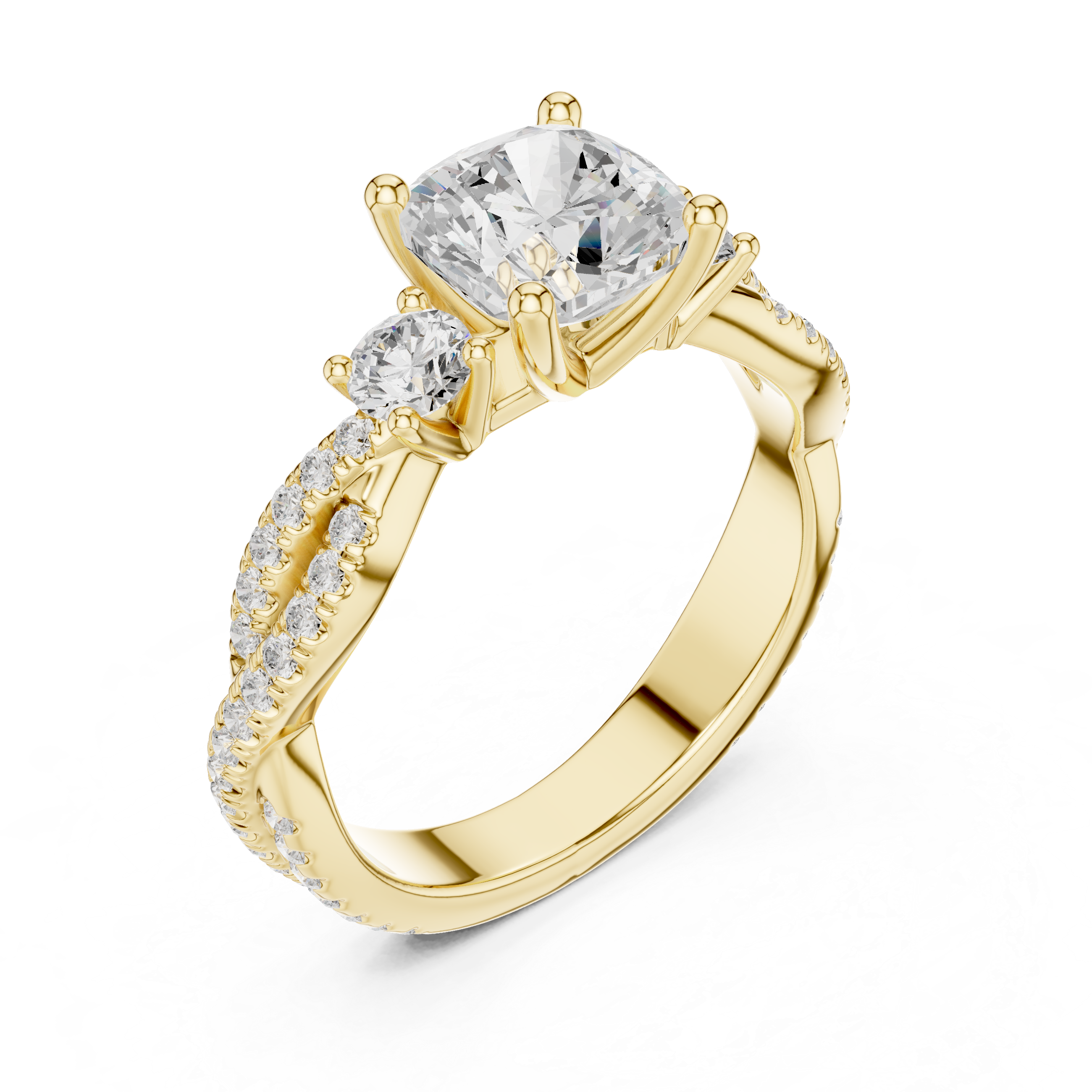 Twisted Pavé Cushion Cut Three Stone Engagement Ring