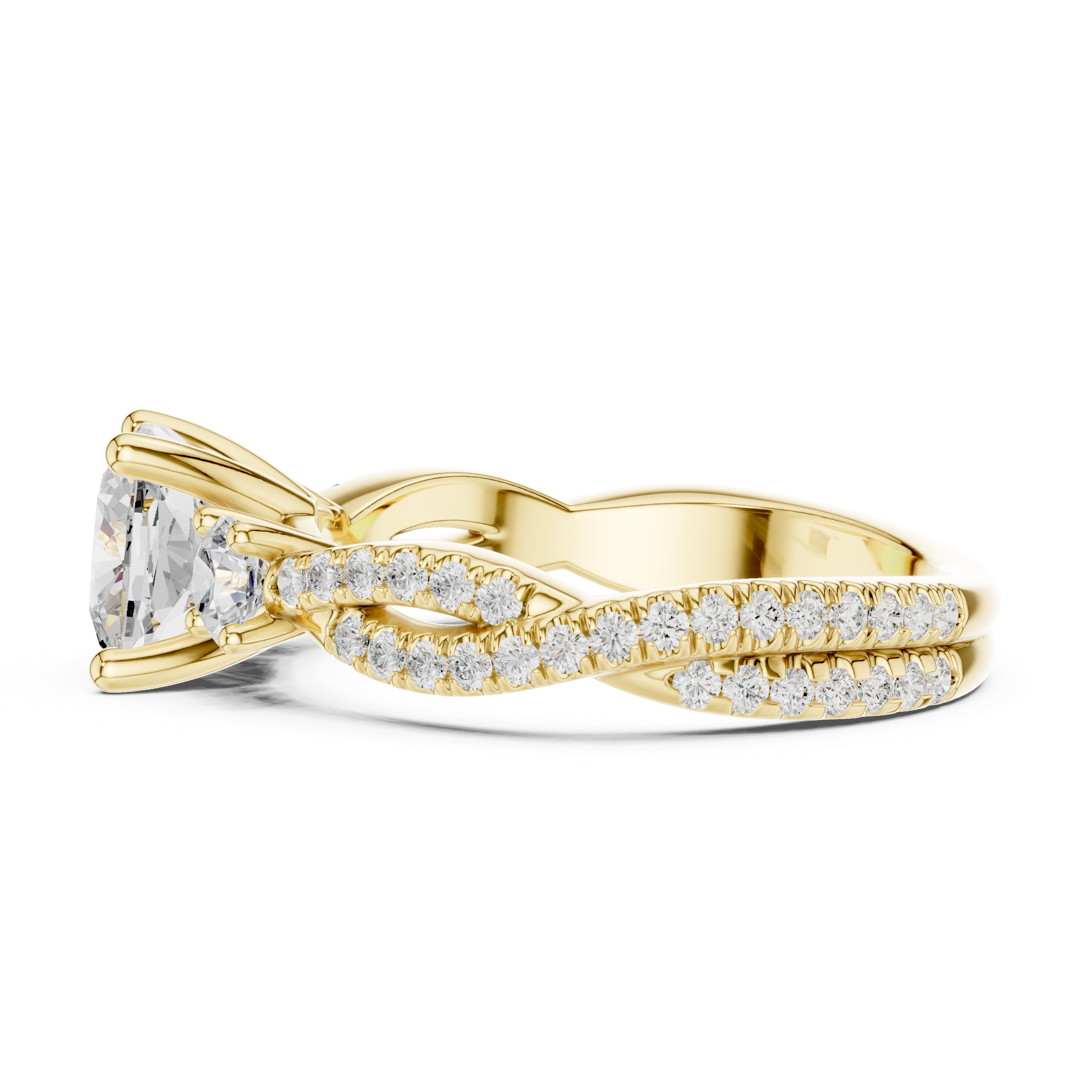 Twisted Pavé Cushion Cut Three Stone Engagement Ring