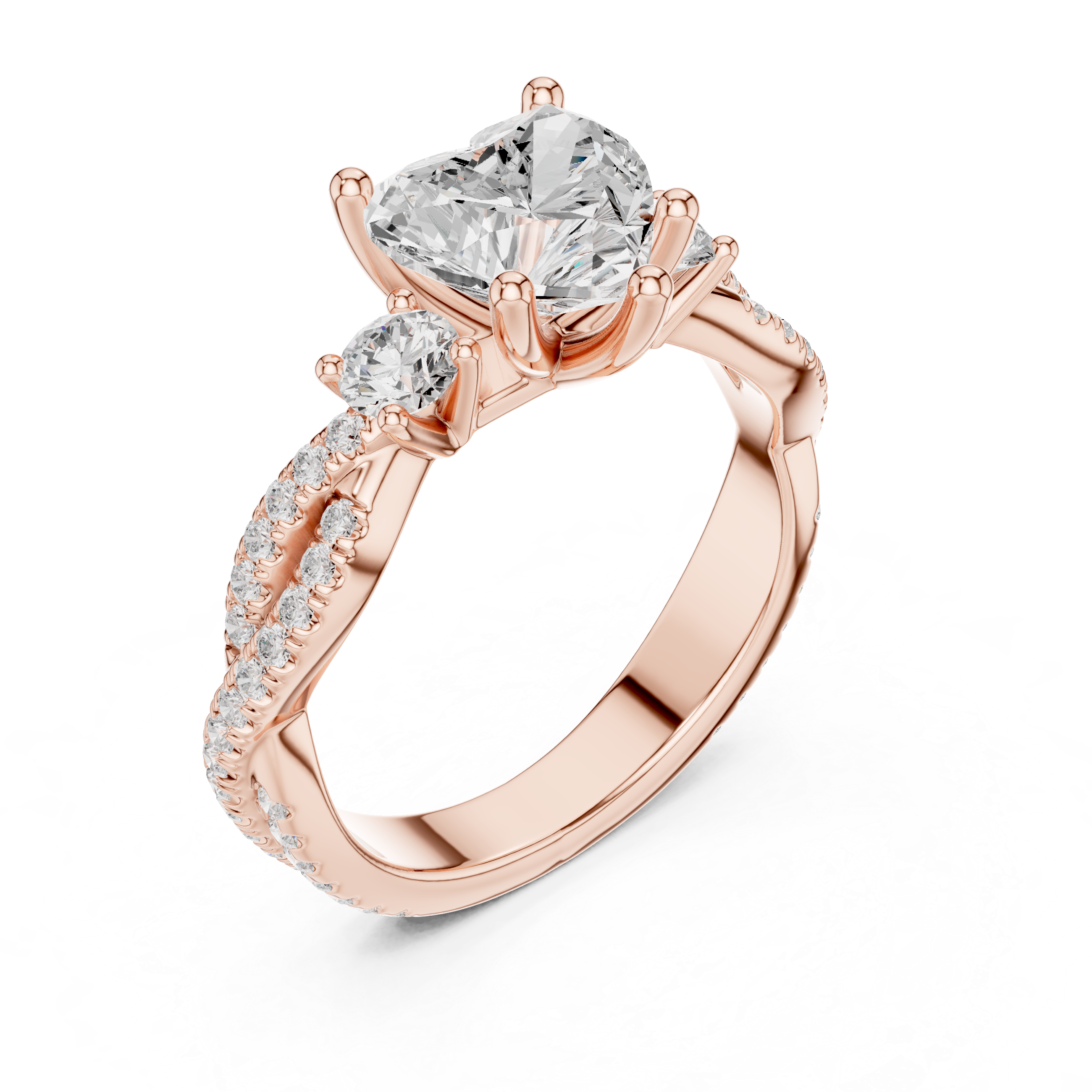 Twisted Pavé Heart Cut Three Stone Engagement Ring