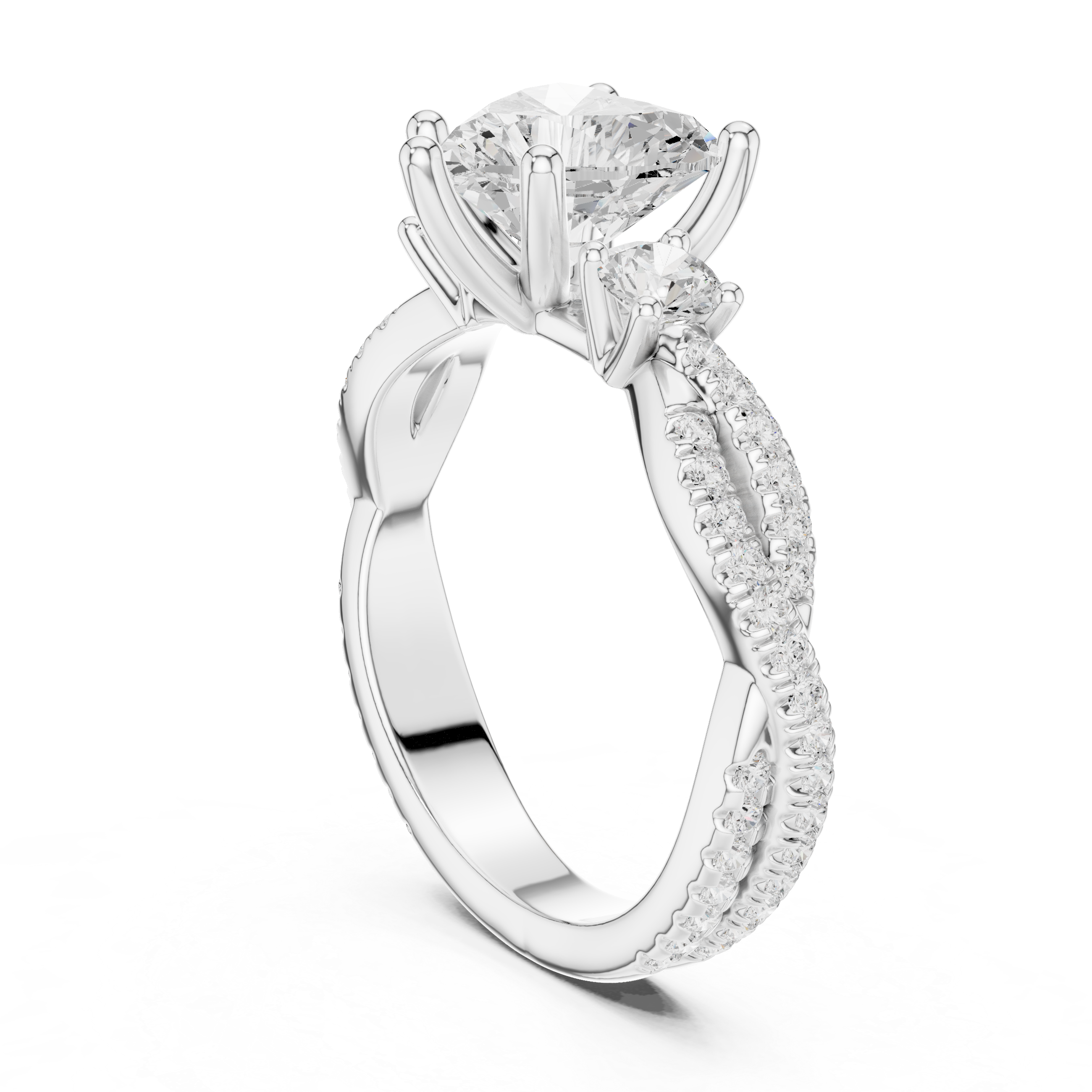 Twisted Pavé Heart Cut Three Stone Engagement Ring