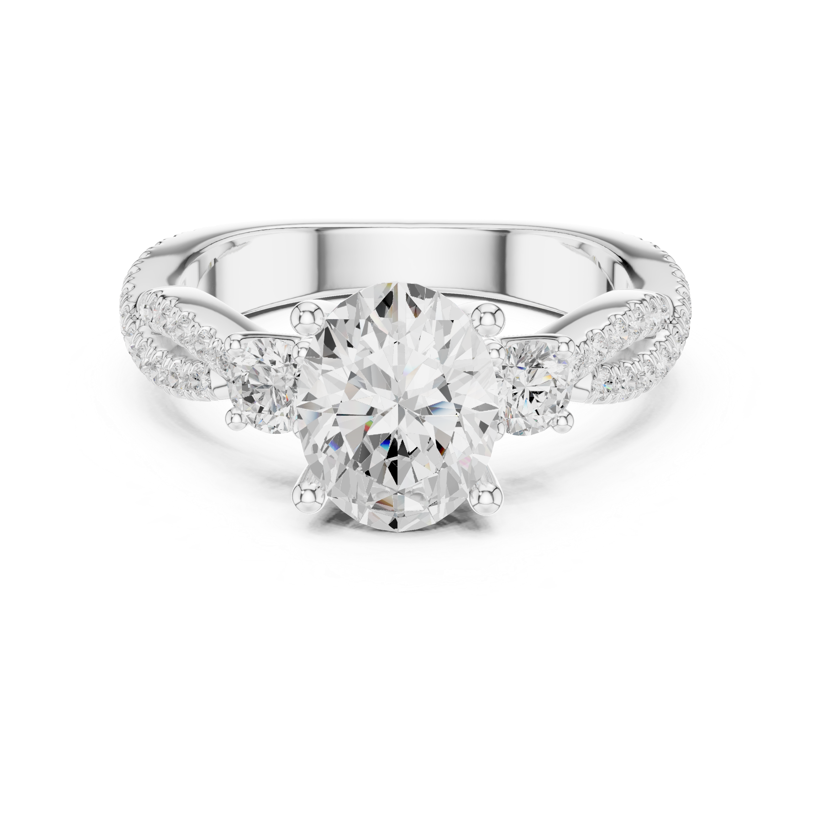 Twisted Pavé Oval Cut Three Stone Engagement Ring