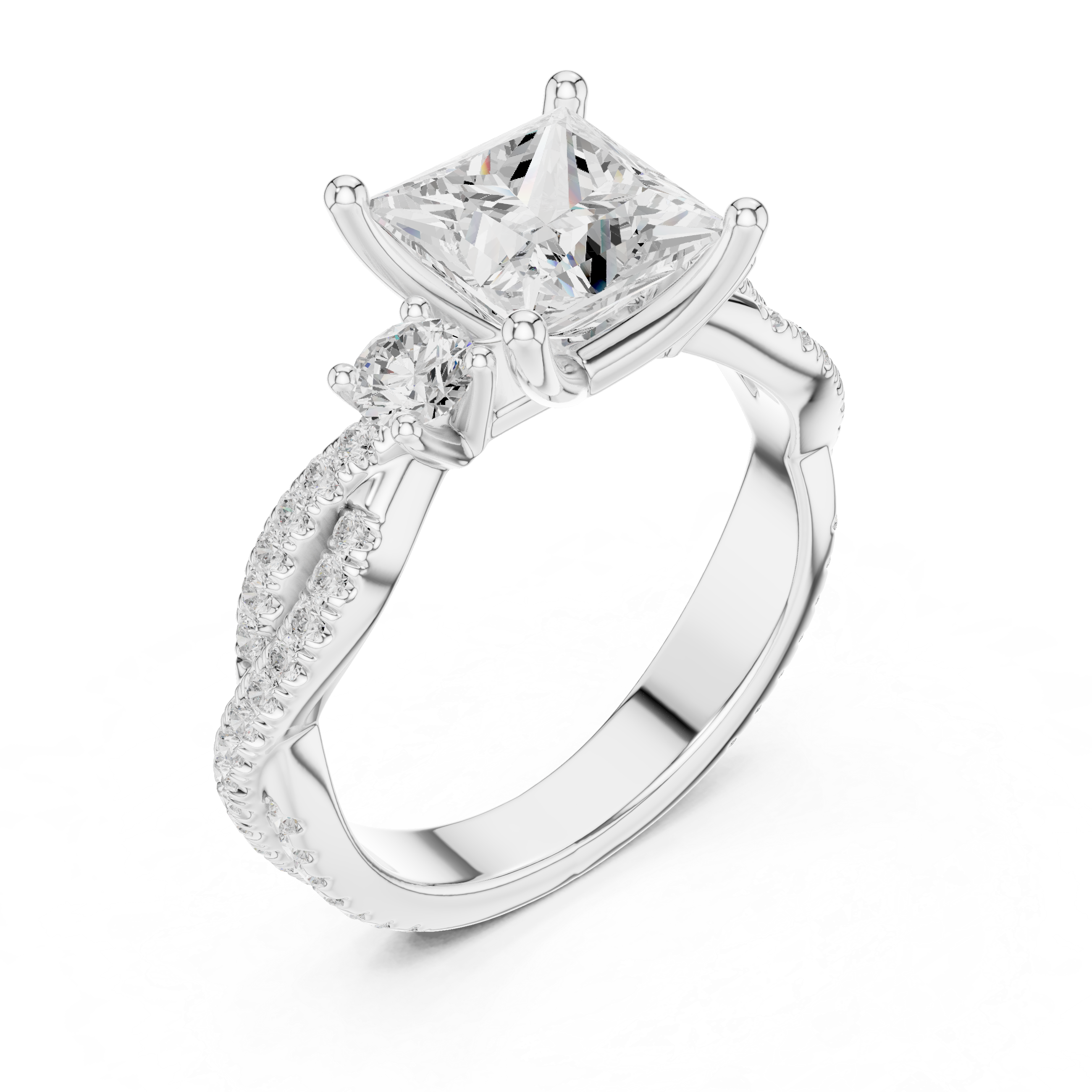 Twisted Pavé Princess Cut Three Stone Engagement Ring