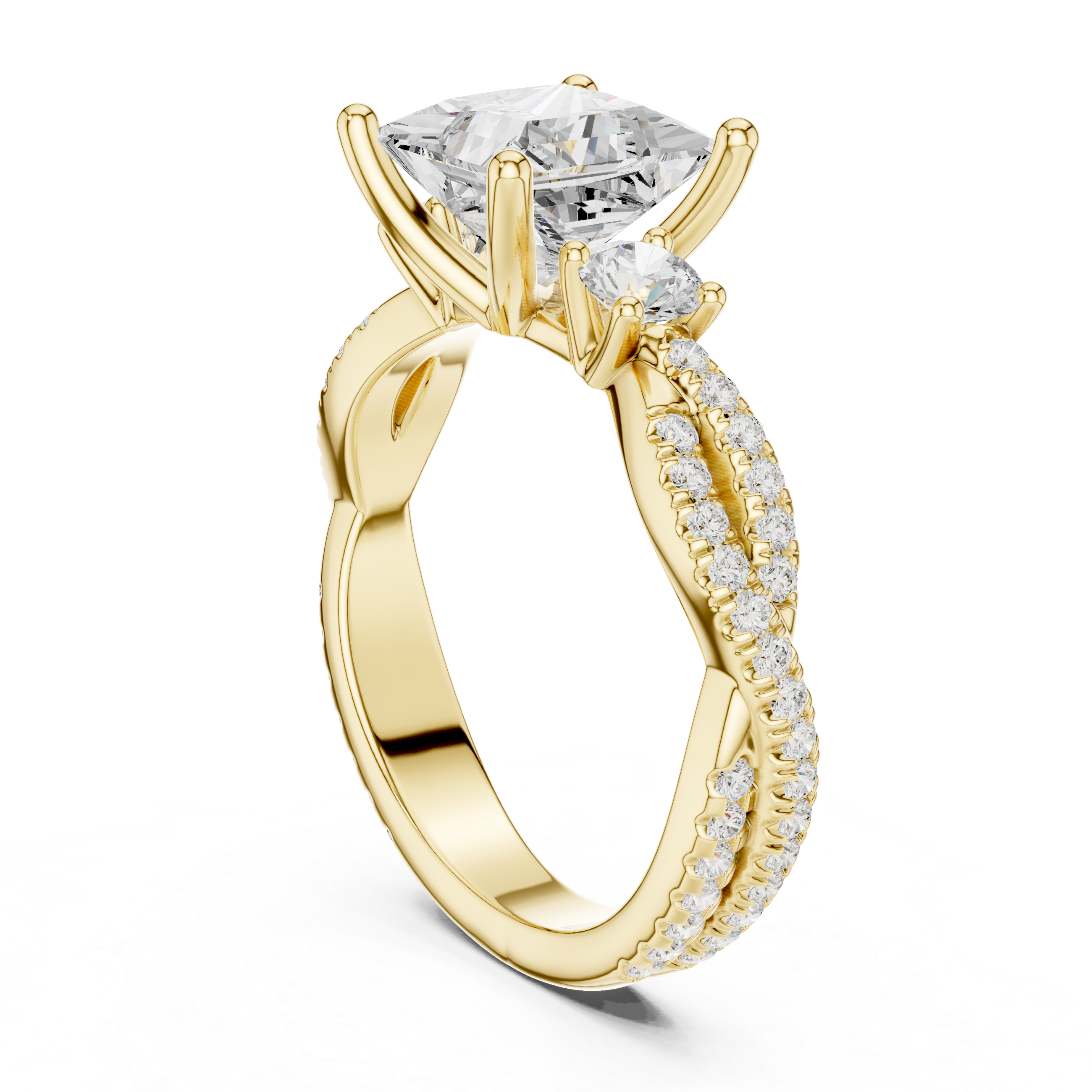 Twisted Pavé Princess Cut Three Stone Engagement Ring