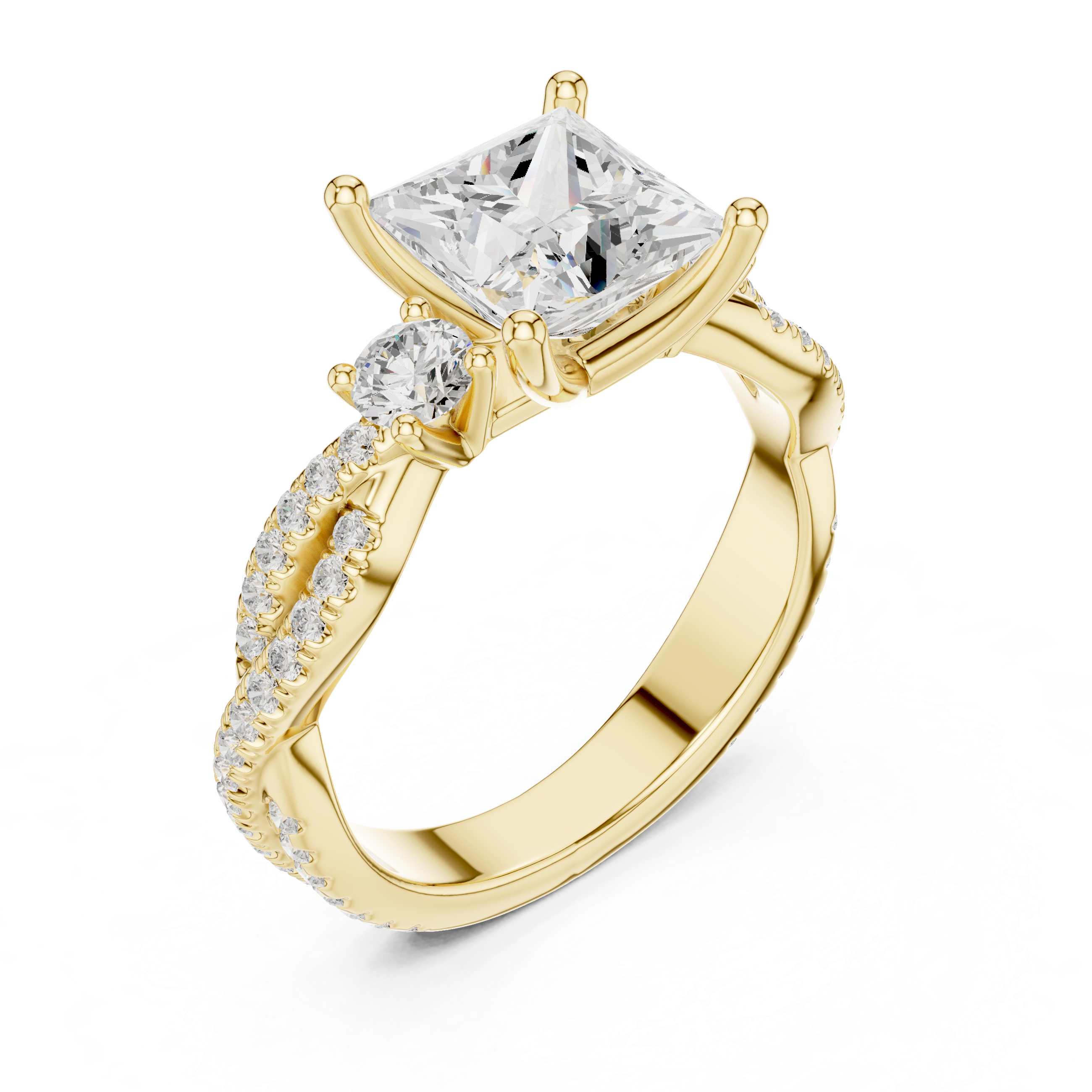 Twisted Pavé Princess Cut Three Stone Engagement Ring