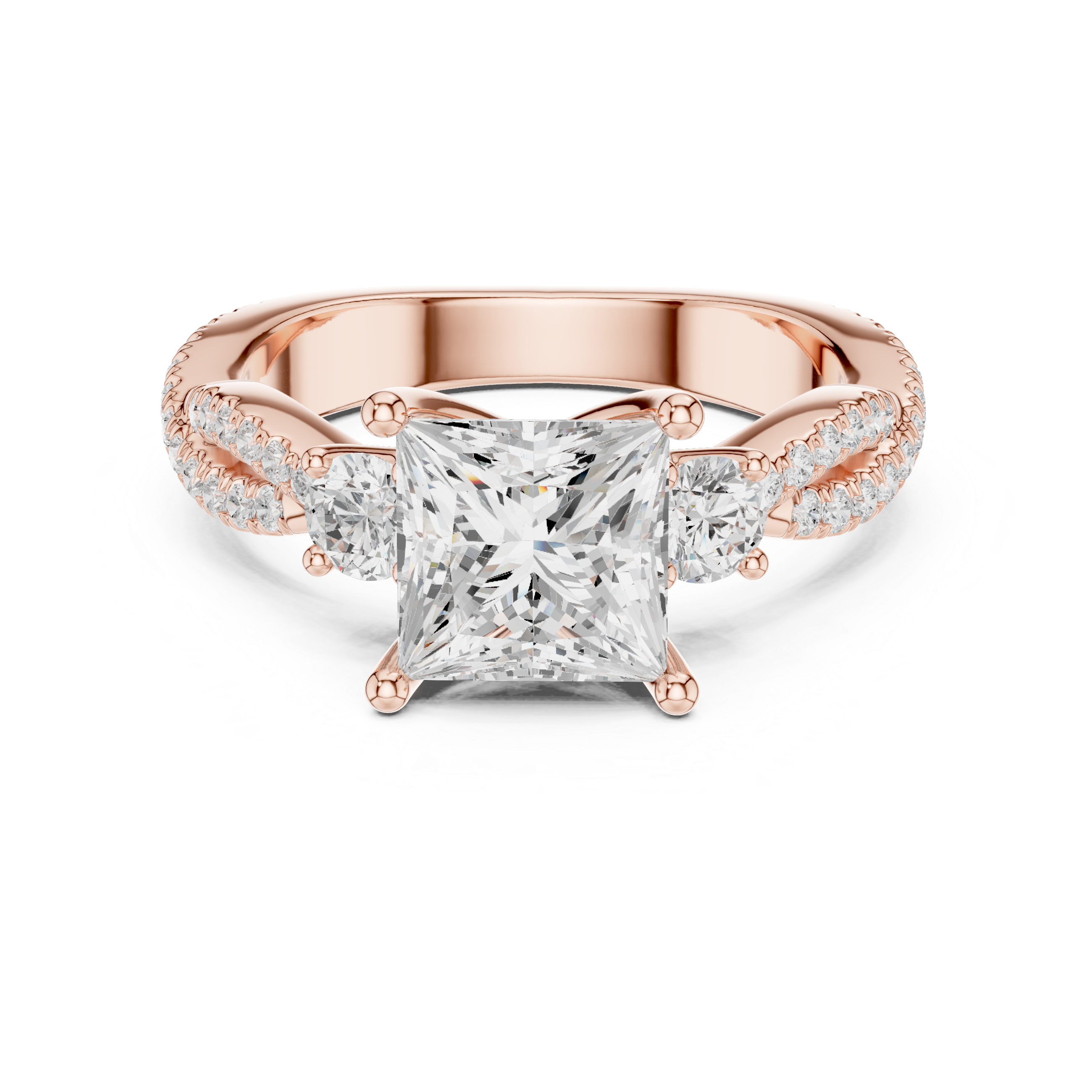 Twisted Pavé Princess Cut Three Stone Engagement Ring