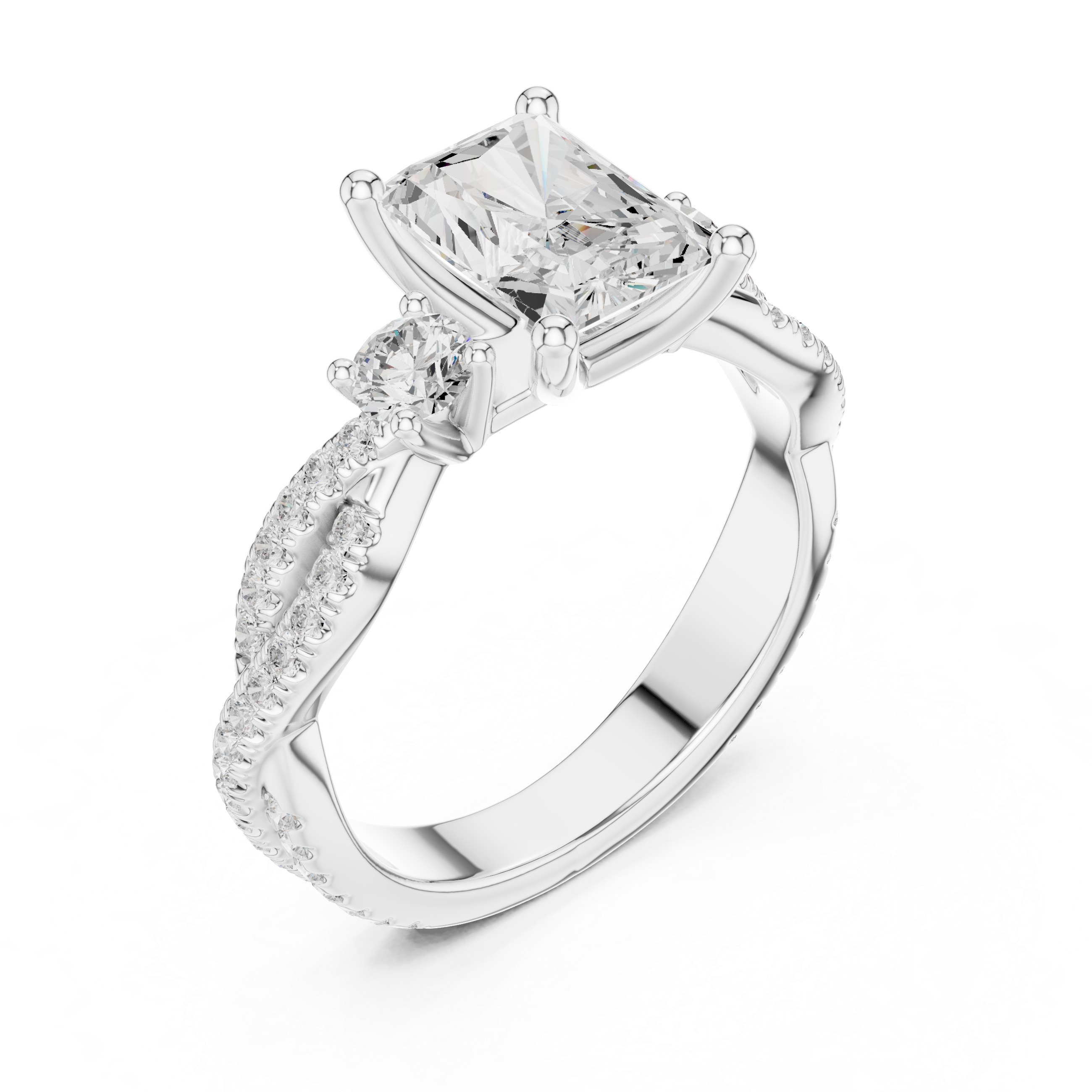 Twisted Pavé Emerald Cut Three Stone Engagement Ring