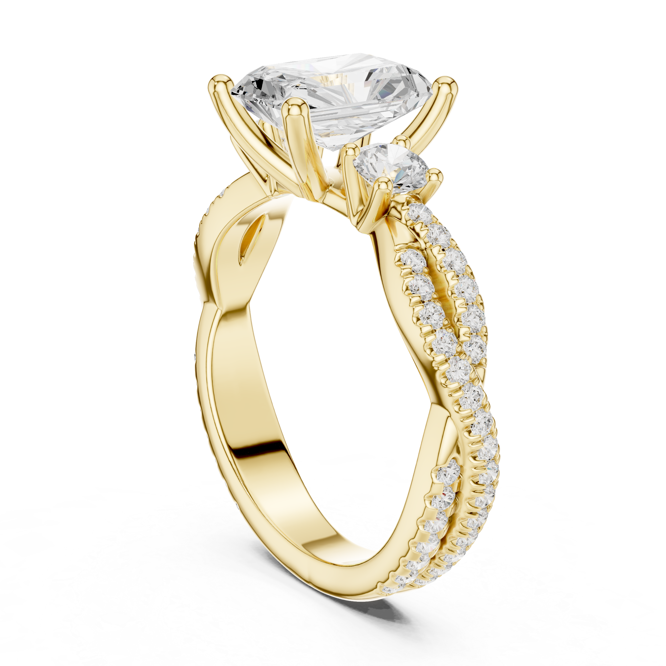 Twisted Pavé Emerald Cut Three Stone Engagement Ring